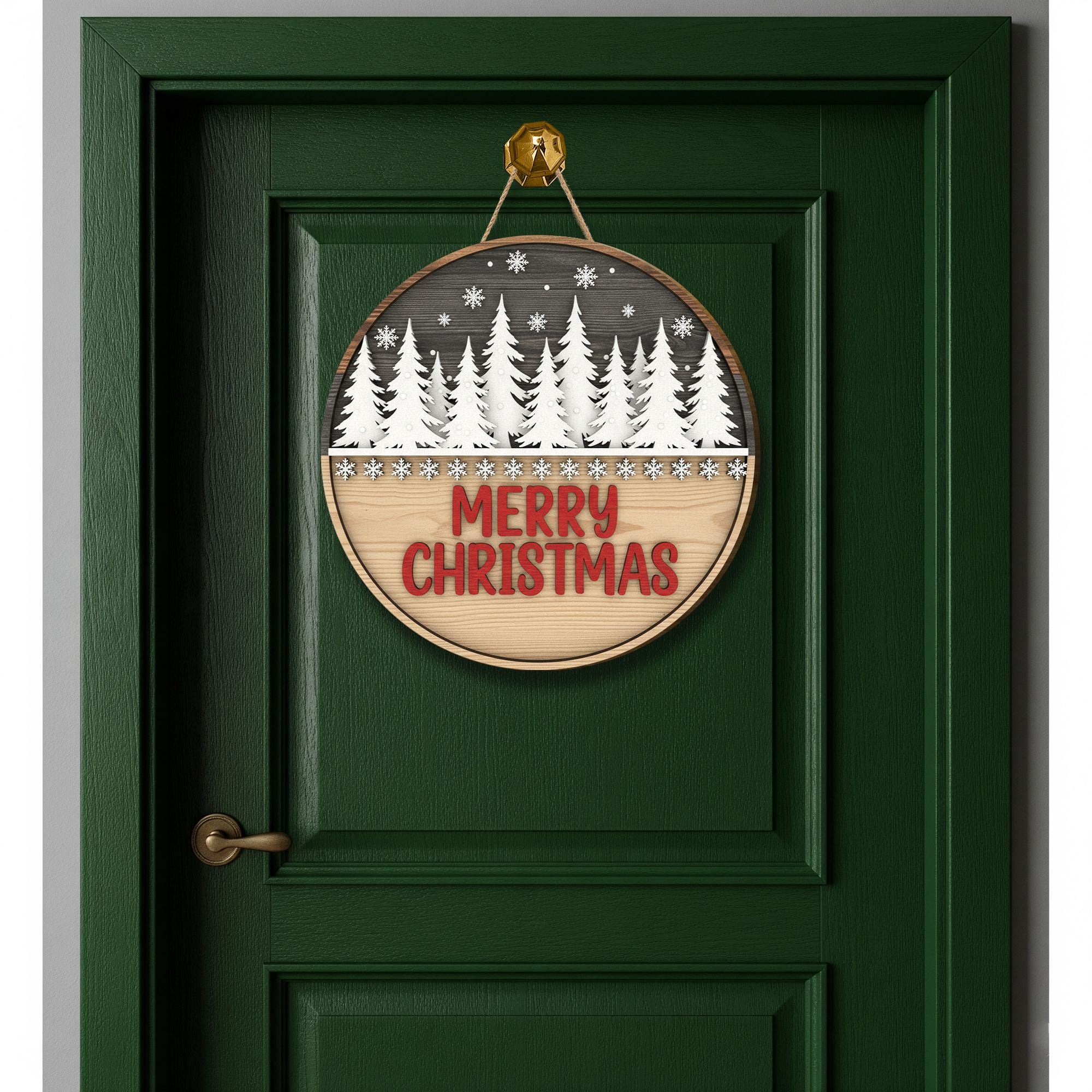 Merry Christmas Door Sign: Rustic Winter Forest Porch Decor