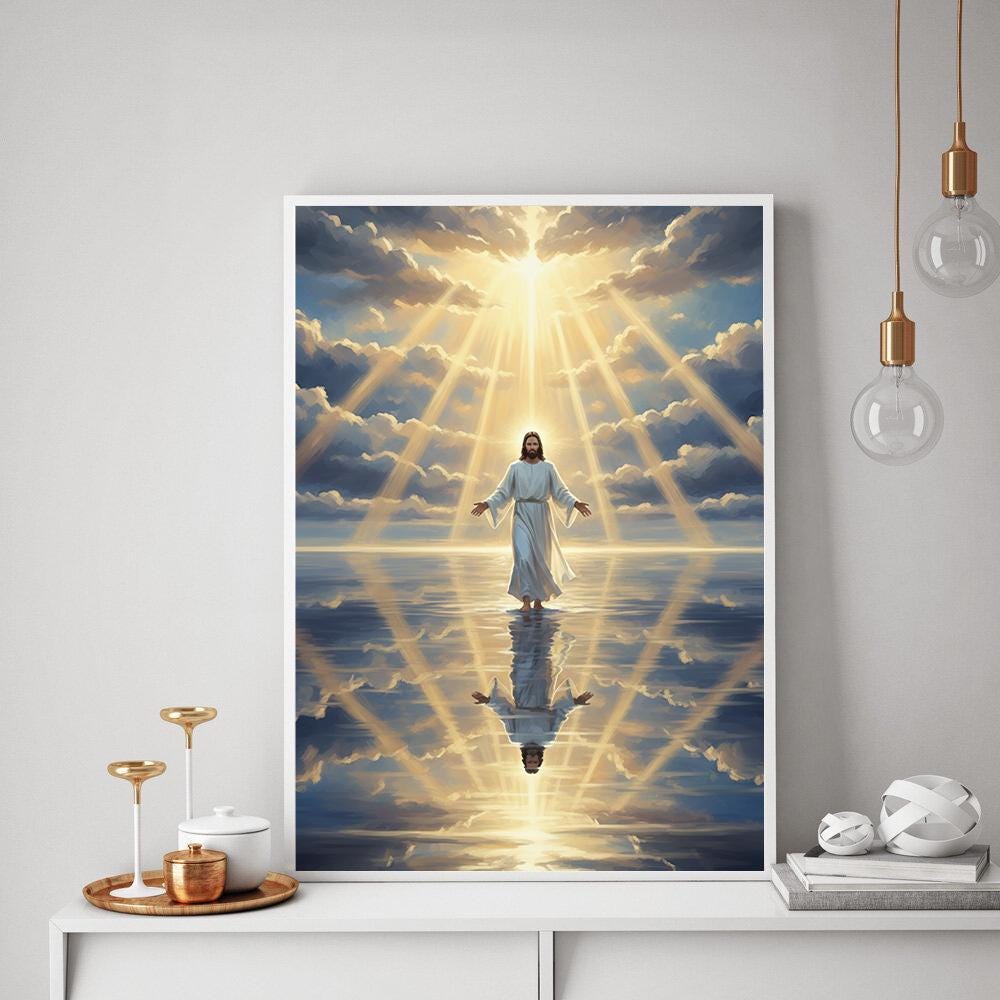 Jesus Wall Art Print – Christian Poster Religious Home Decoration with Light and Reflection Design