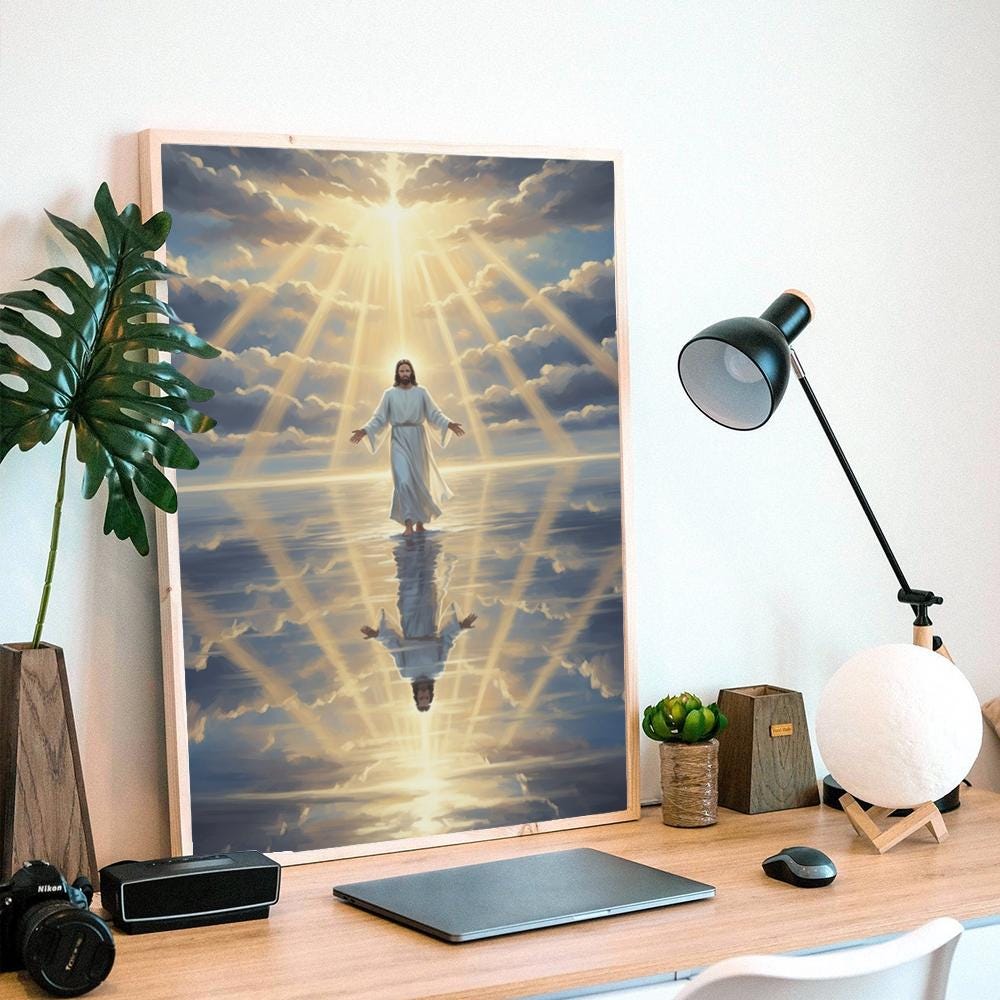 Jesus Wall Art Print – Christian Poster Religious Home Decoration with Light and Reflection Design