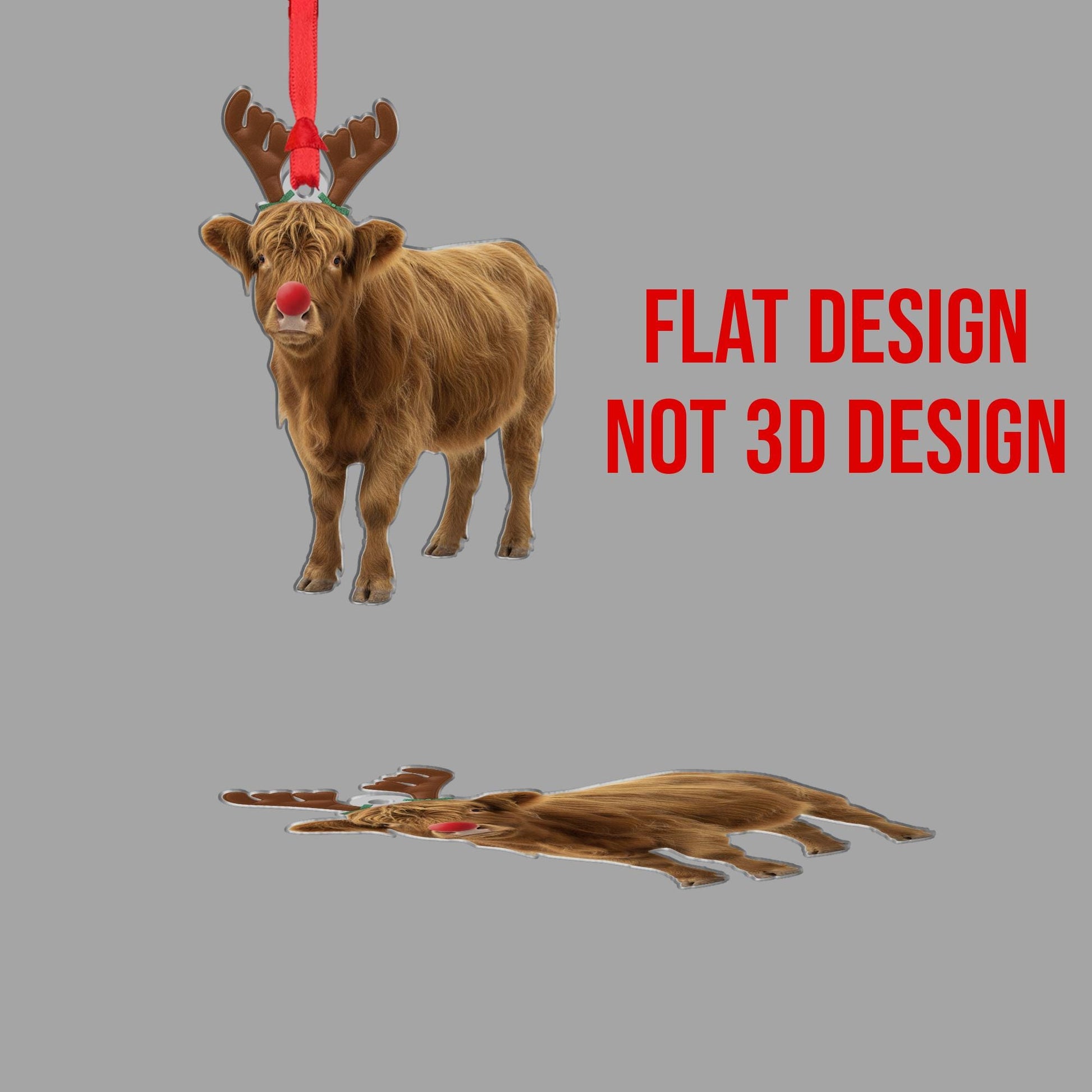 Highland Cow Christmas Ornament – Reindeer Antlers and Red Nose Hanging Decoration