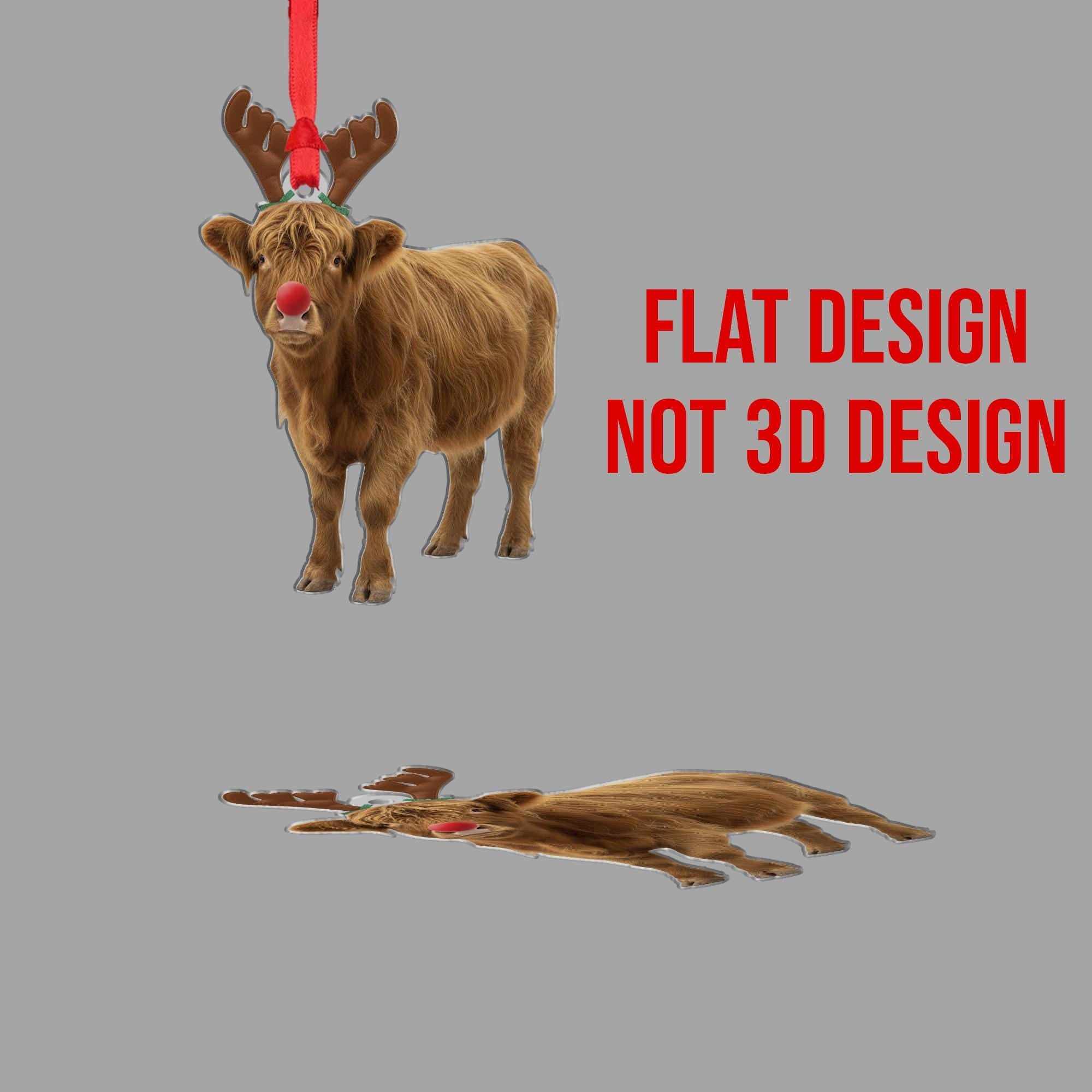 Highland Cow Christmas Ornament – Reindeer Antlers and Red Nose Hanging Decoration