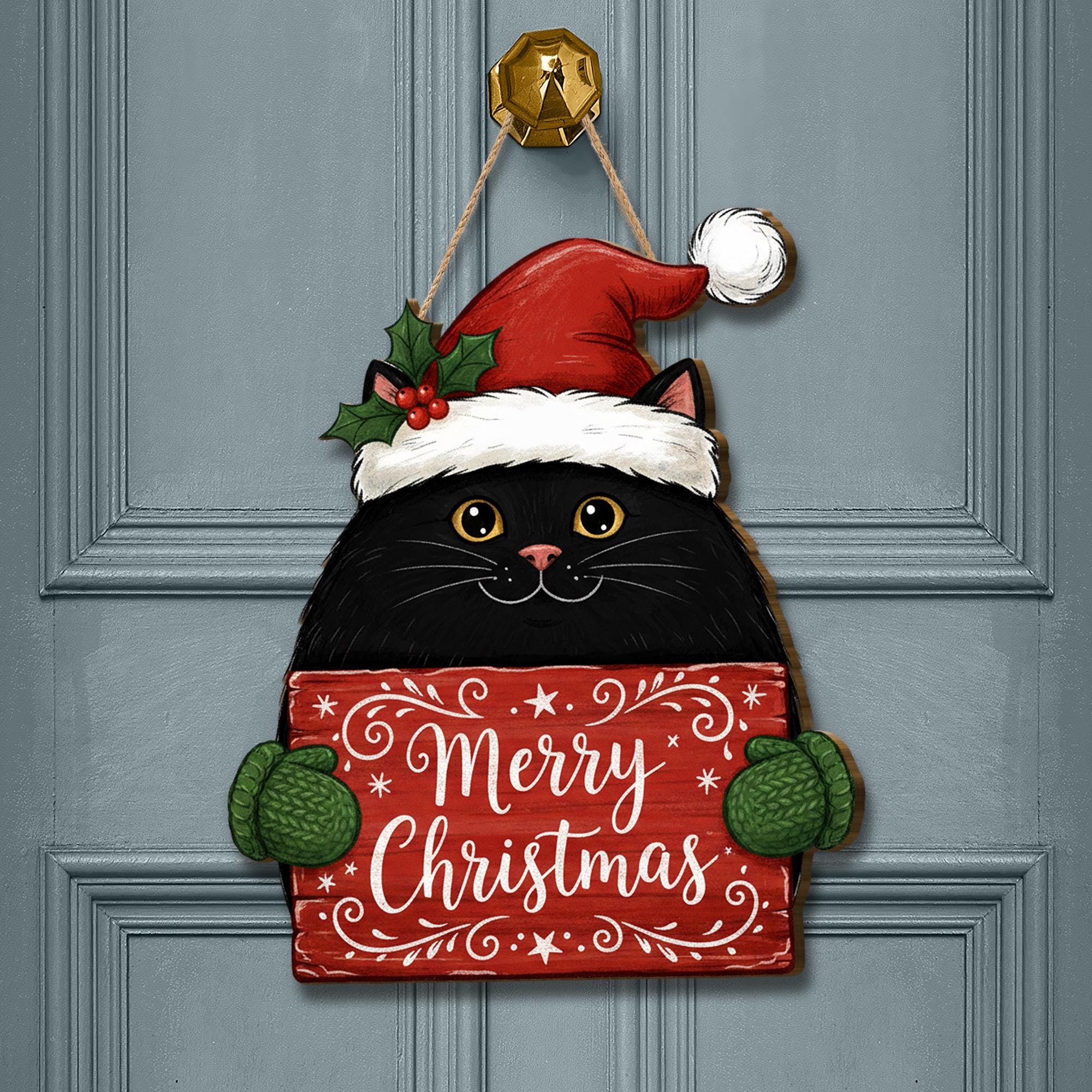 Black Cat Merry Christmas Door Sign: Holiday Cat Lover Porch Decor