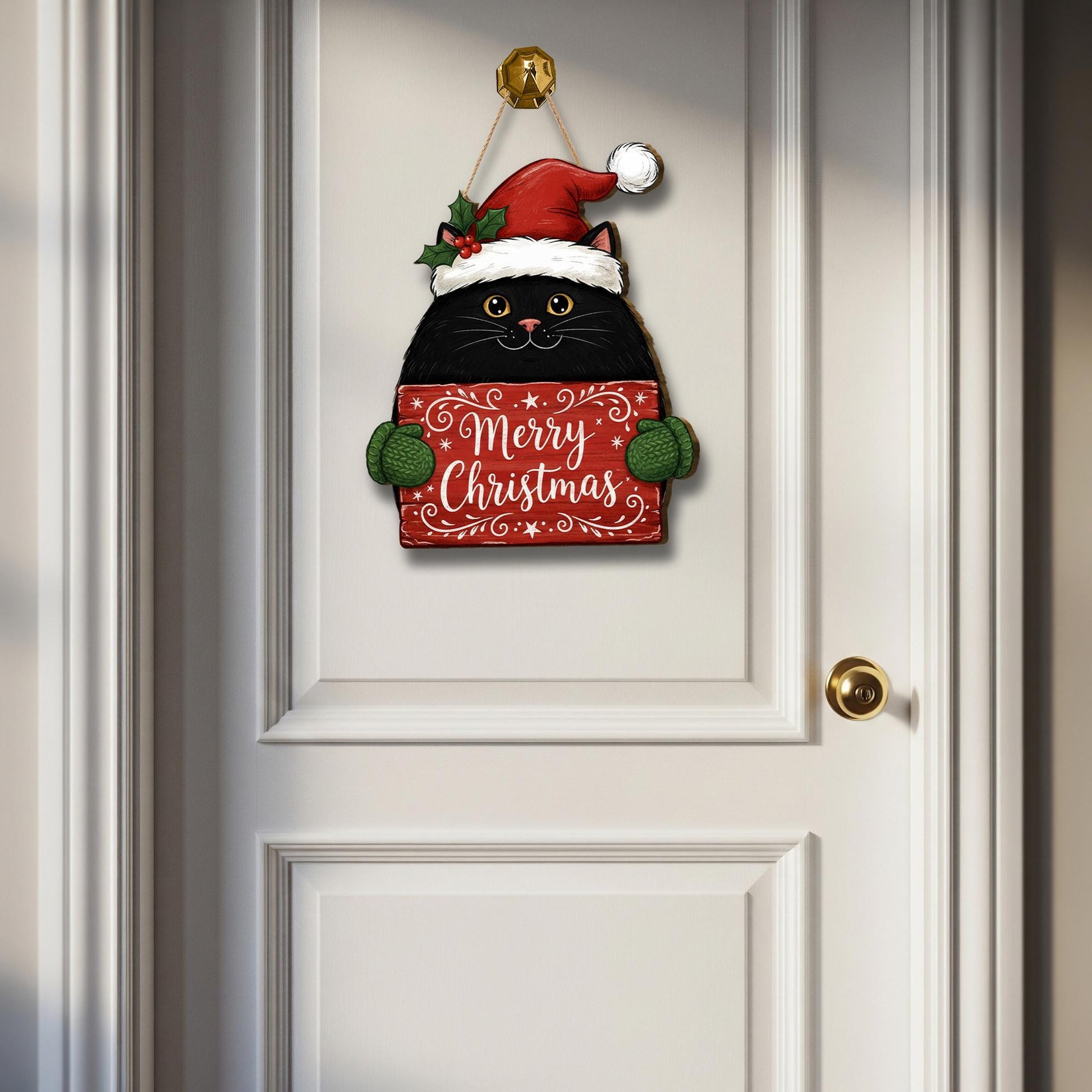 Black Cat Merry Christmas Door Sign: Holiday Cat Lover Porch Decor