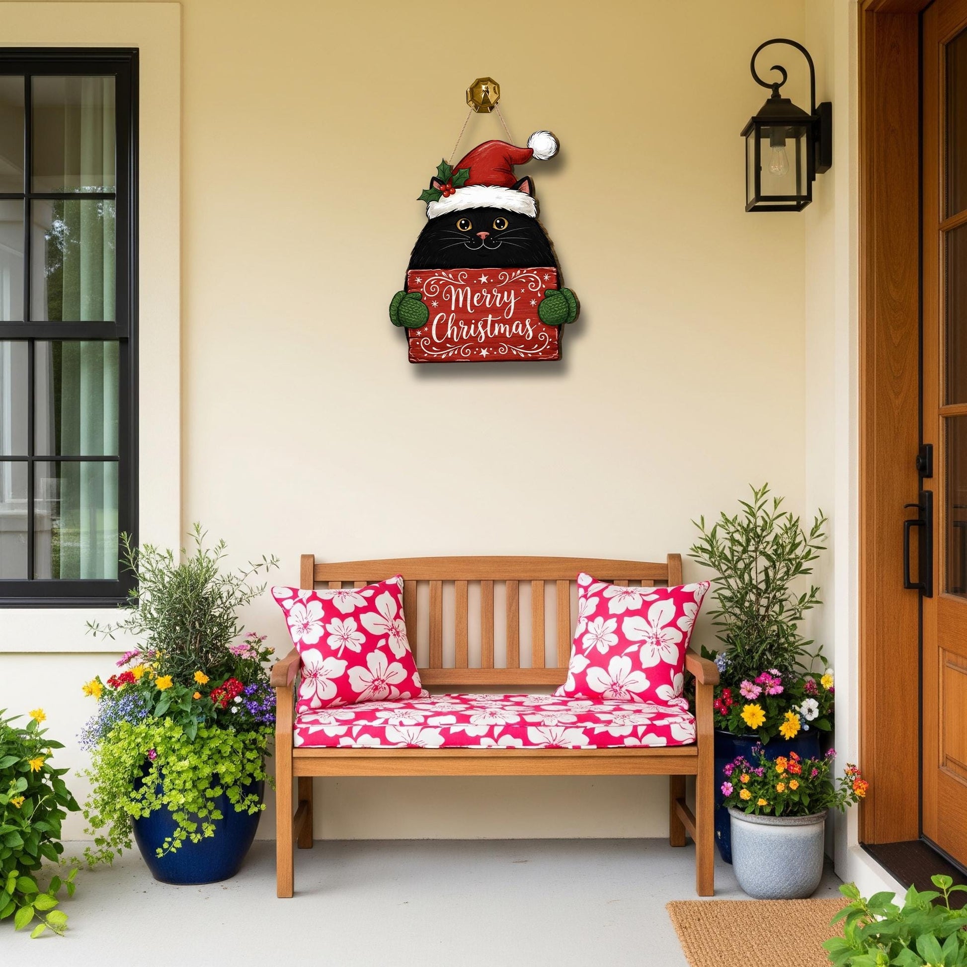 Black Cat Merry Christmas Door Sign: Holiday Cat Lover Porch Decor
