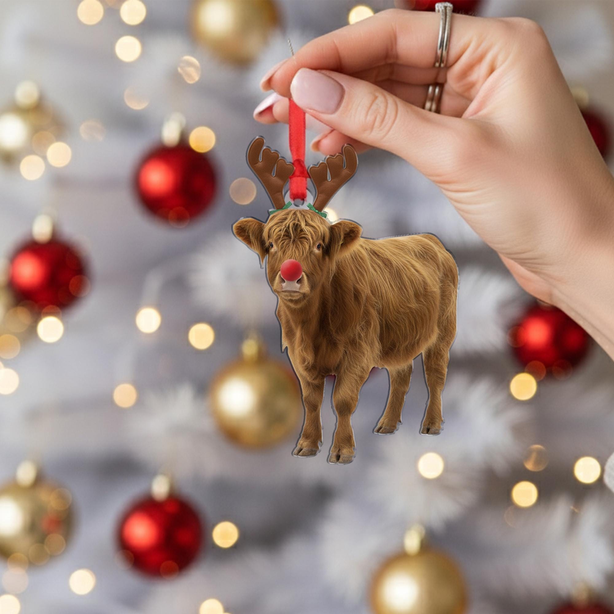 Highland Cow Christmas Ornament – Reindeer Antlers and Red Nose Hanging Decoration