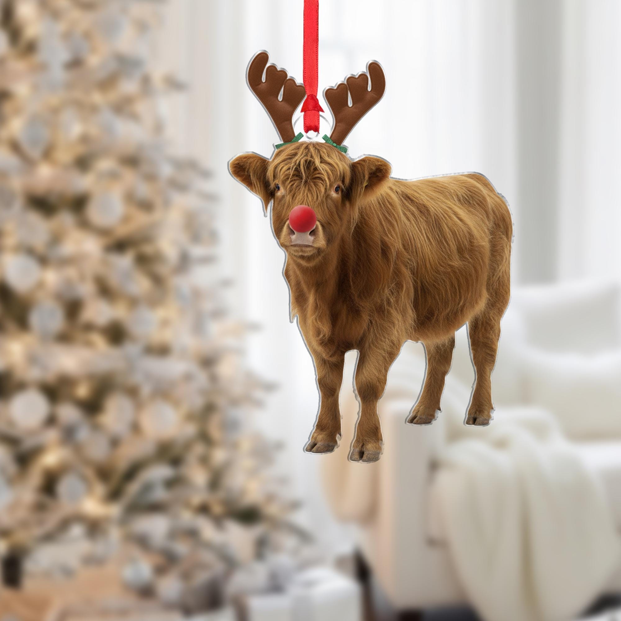 Highland Cow Christmas Ornament – Reindeer Antlers and Red Nose Hanging Decoration