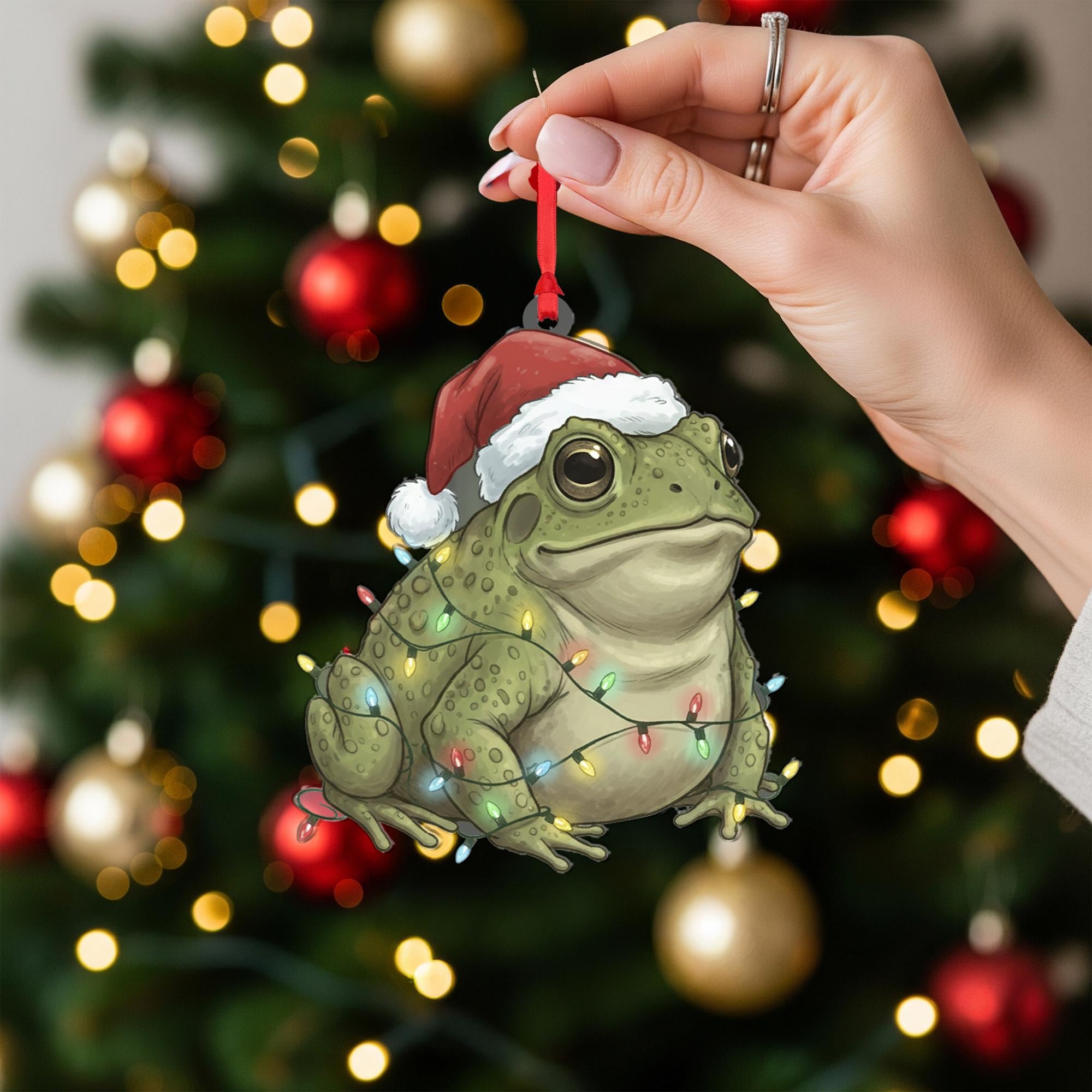 Frog Christmas Ornament – Santa Hat and Holiday Lights Hanging Decoration