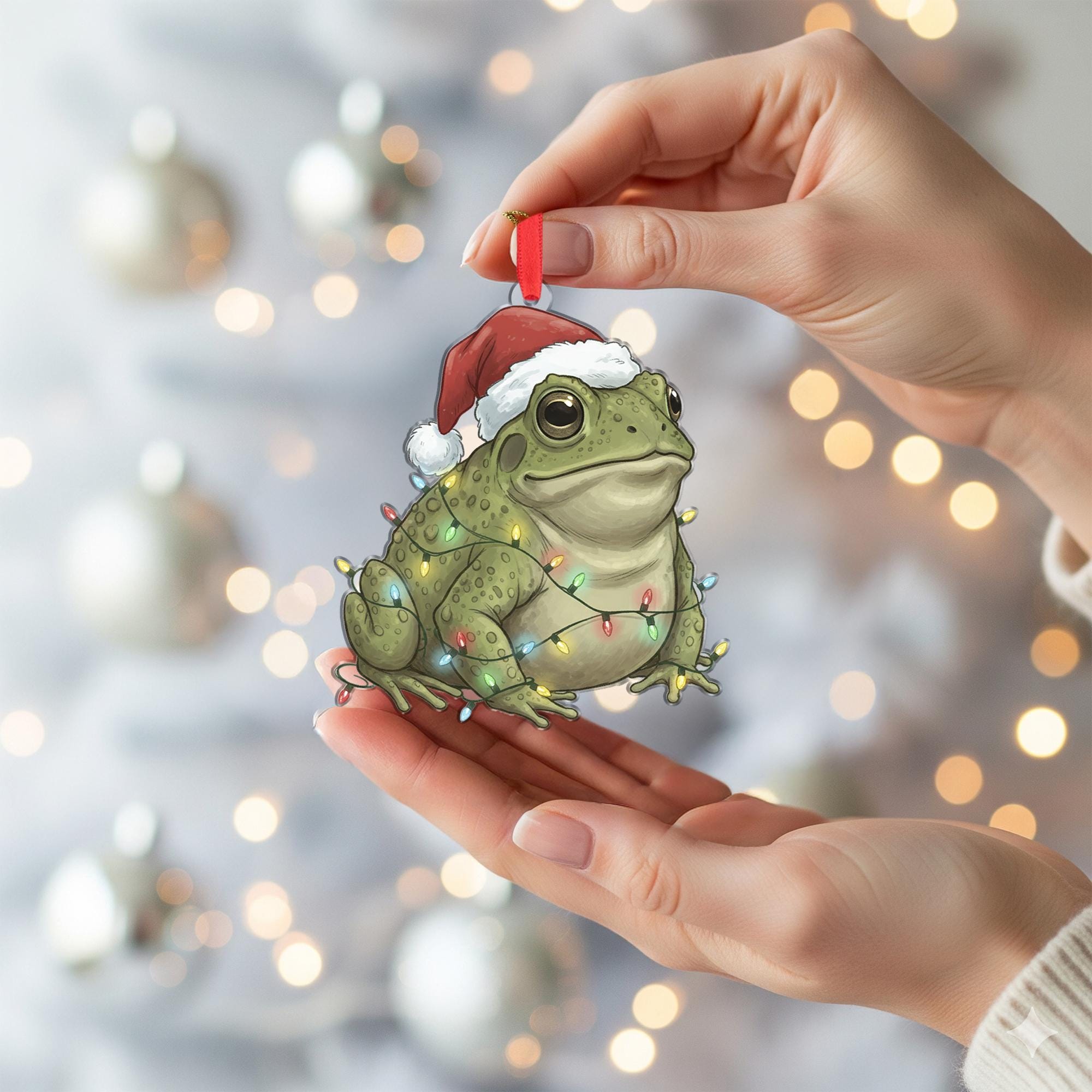 Frog Christmas Ornament – Santa Hat and Holiday Lights Hanging Decoration