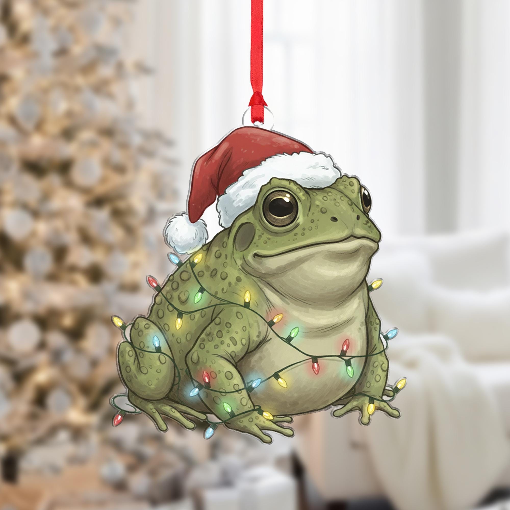 Frog Christmas Ornament – Santa Hat and Holiday Lights Hanging Decoration