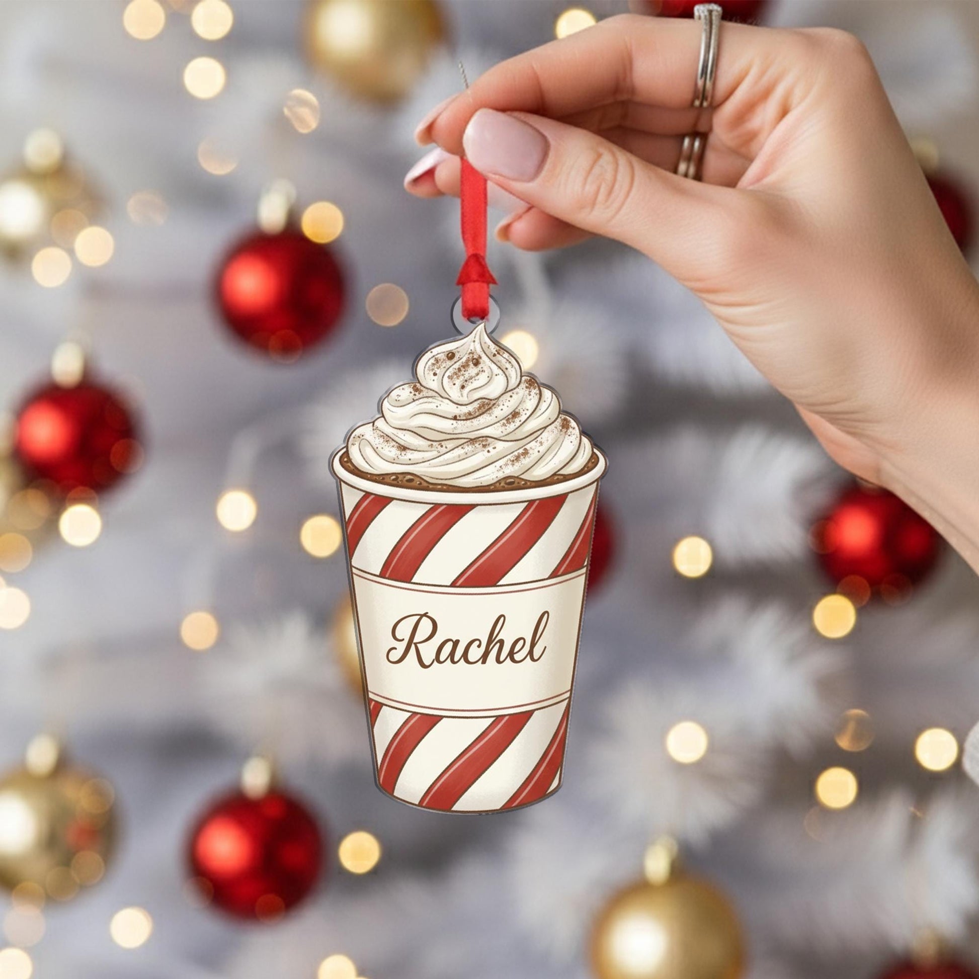 Personalized Hot Chocolate Ornament – Peppermint Cup with Whipped Cream Christmas Decoration