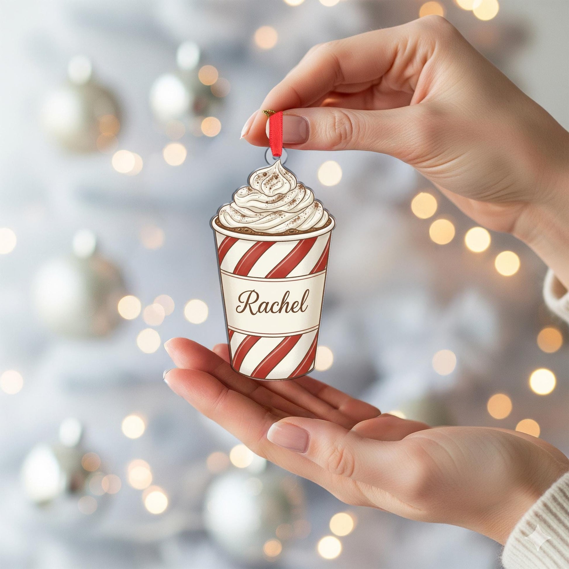 Personalized Hot Chocolate Ornament – Peppermint Cup with Whipped Cream Christmas Decoration