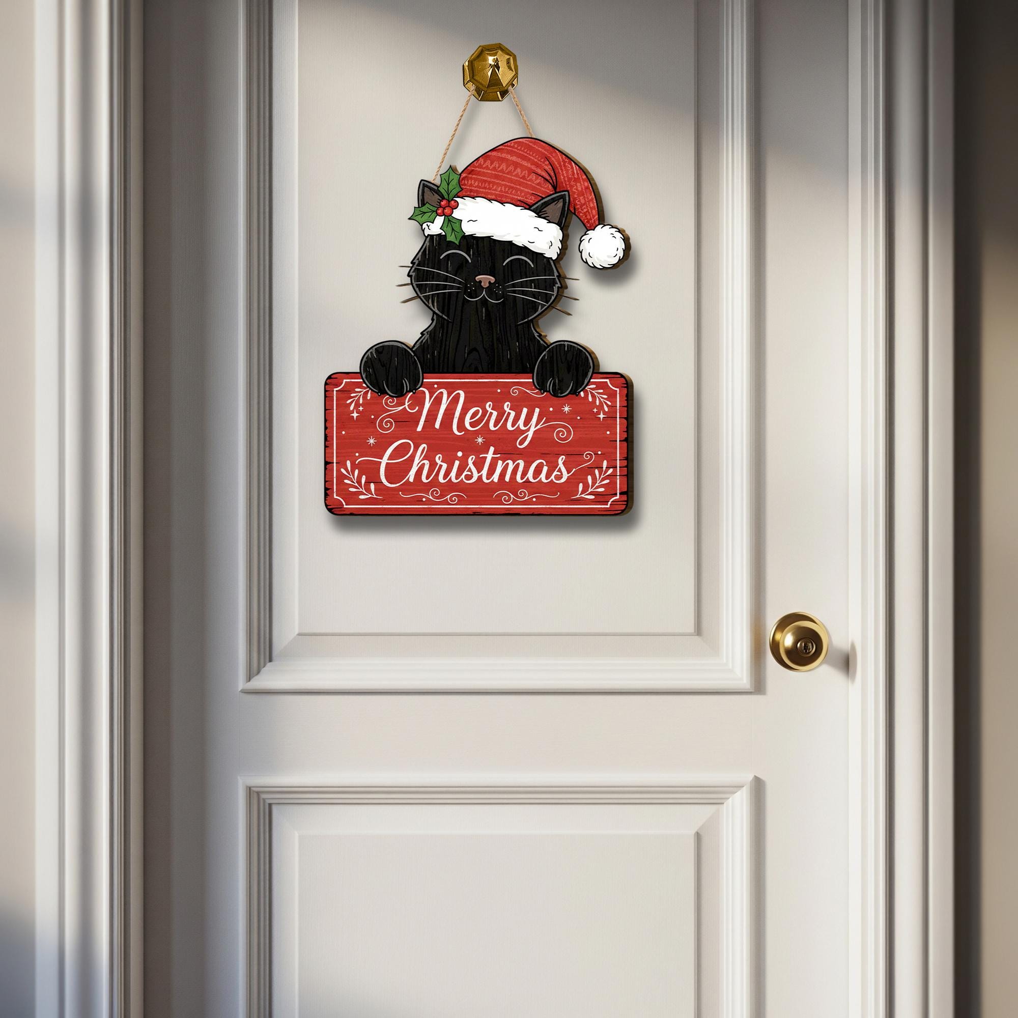 Black Cat Merry Christmas Door Sign: Rustic Holiday Cat Lover Decor