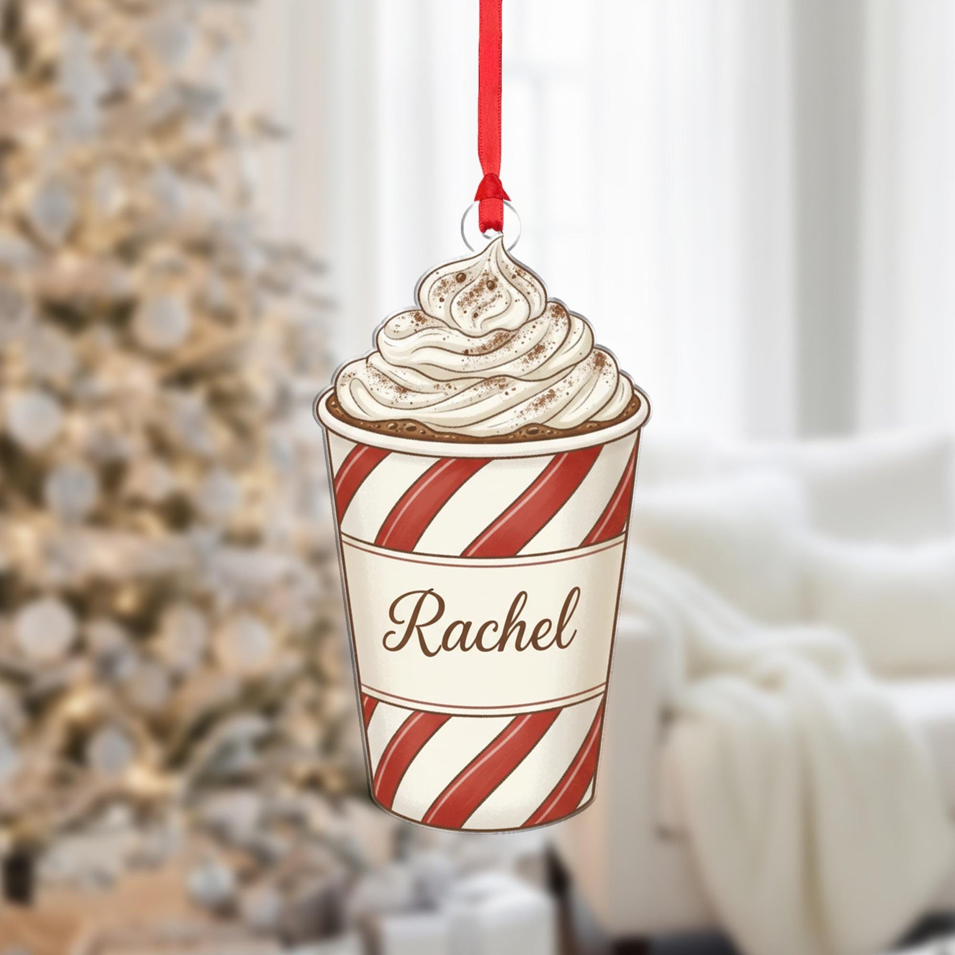 Personalized Hot Chocolate Ornament – Peppermint Cup with Whipped Cream Christmas Decoration