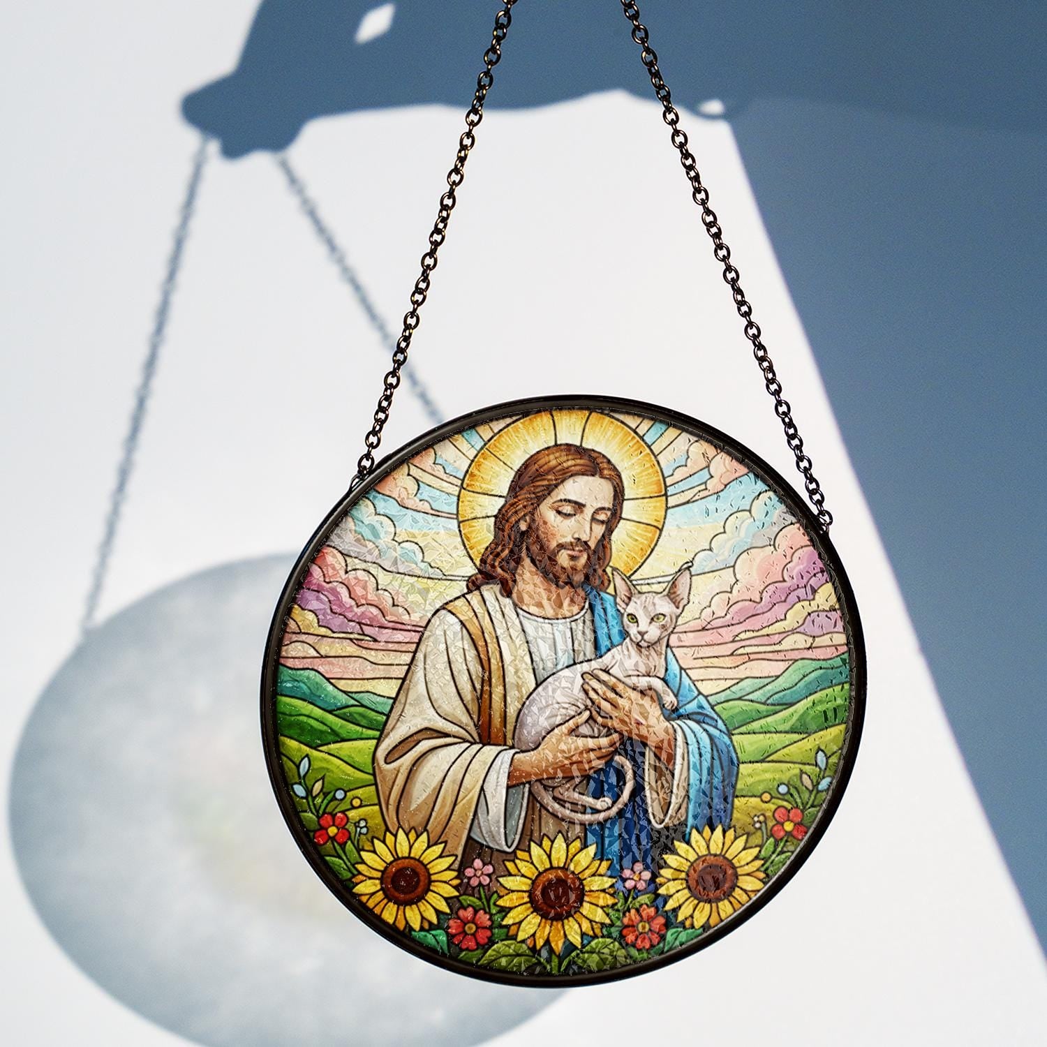 Cat & Jesus Faux Stained Glass Suncatcher - Christian Window Decoration