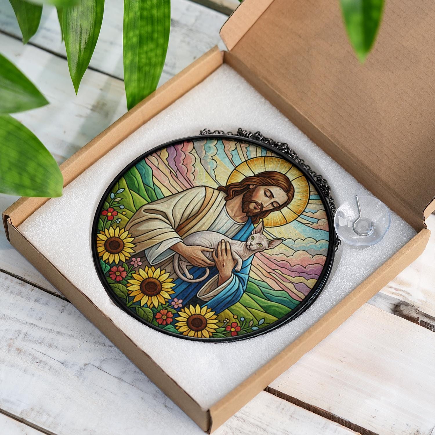 Cat & Jesus Faux Stained Glass Suncatcher - Christian Window Decoration
