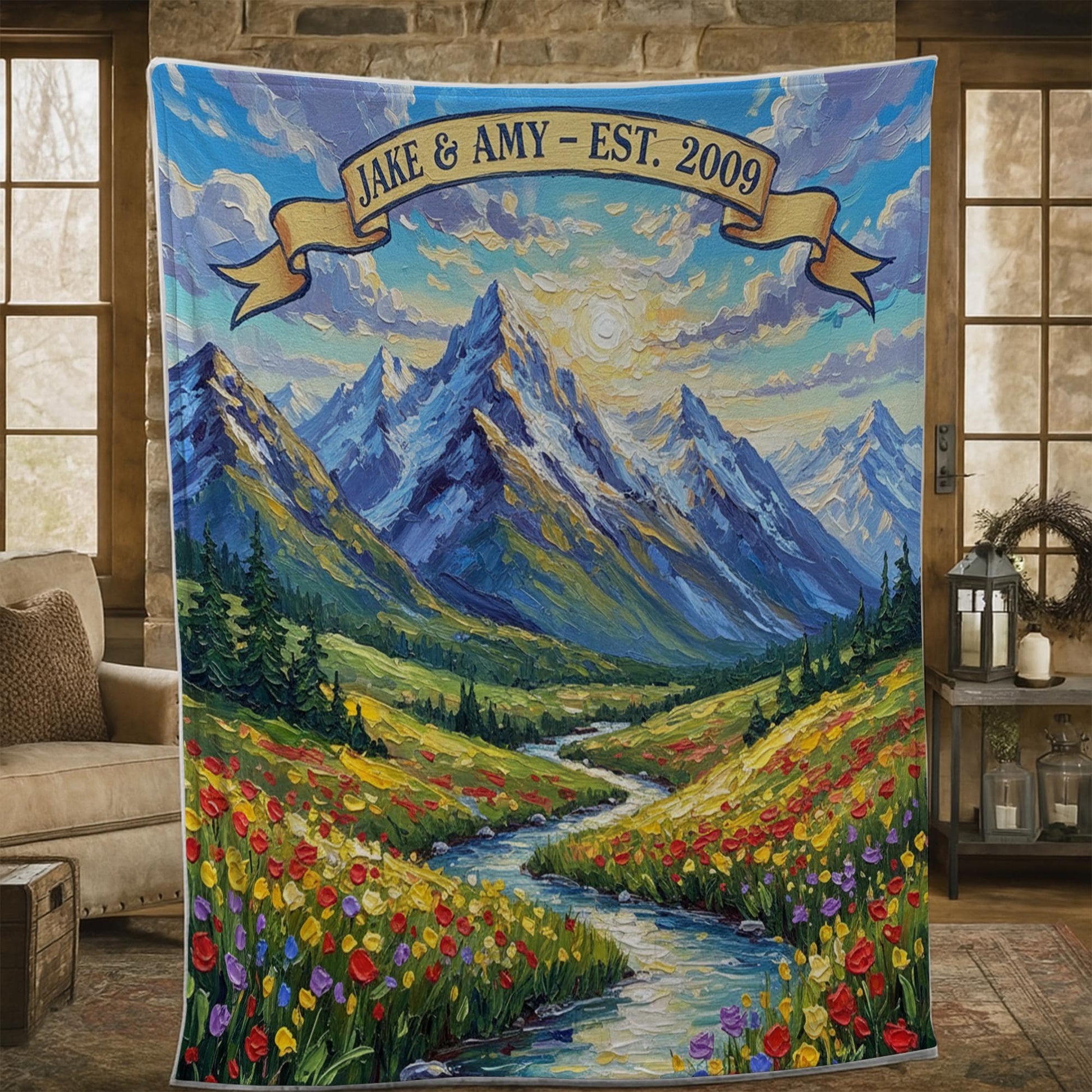Personalized Mountain Landscape Blanket – Custom Name & Date Adventure Throw, Anniversary Gift