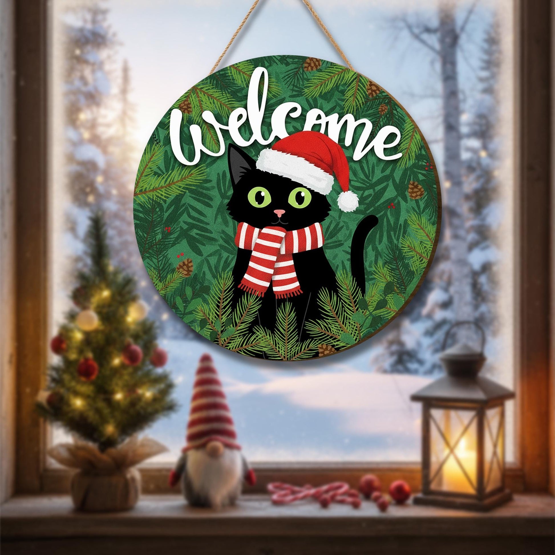 Christmas Cat Welcome Sign – Holiday Wooden Door Decor