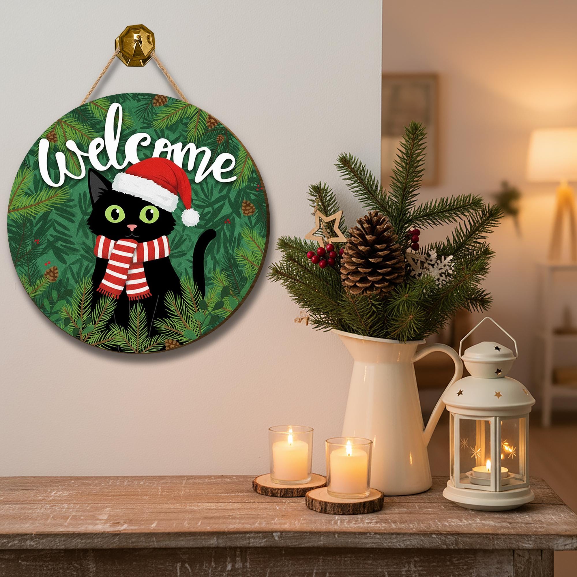 Christmas Cat Welcome Sign – Holiday Wooden Door Decor