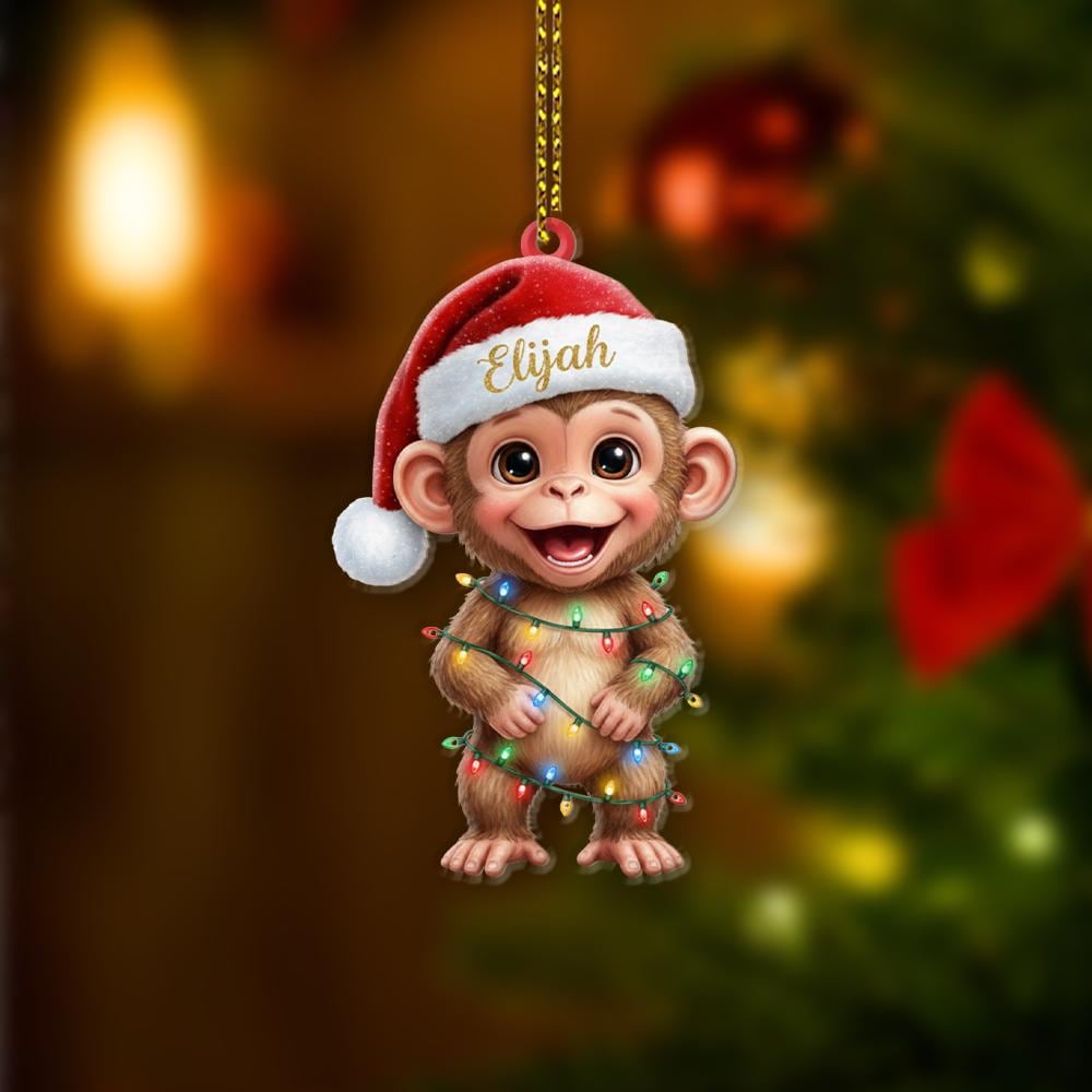 Personalized Monkey Christmas Ornament: Custom Name Santa Hat Decoration
