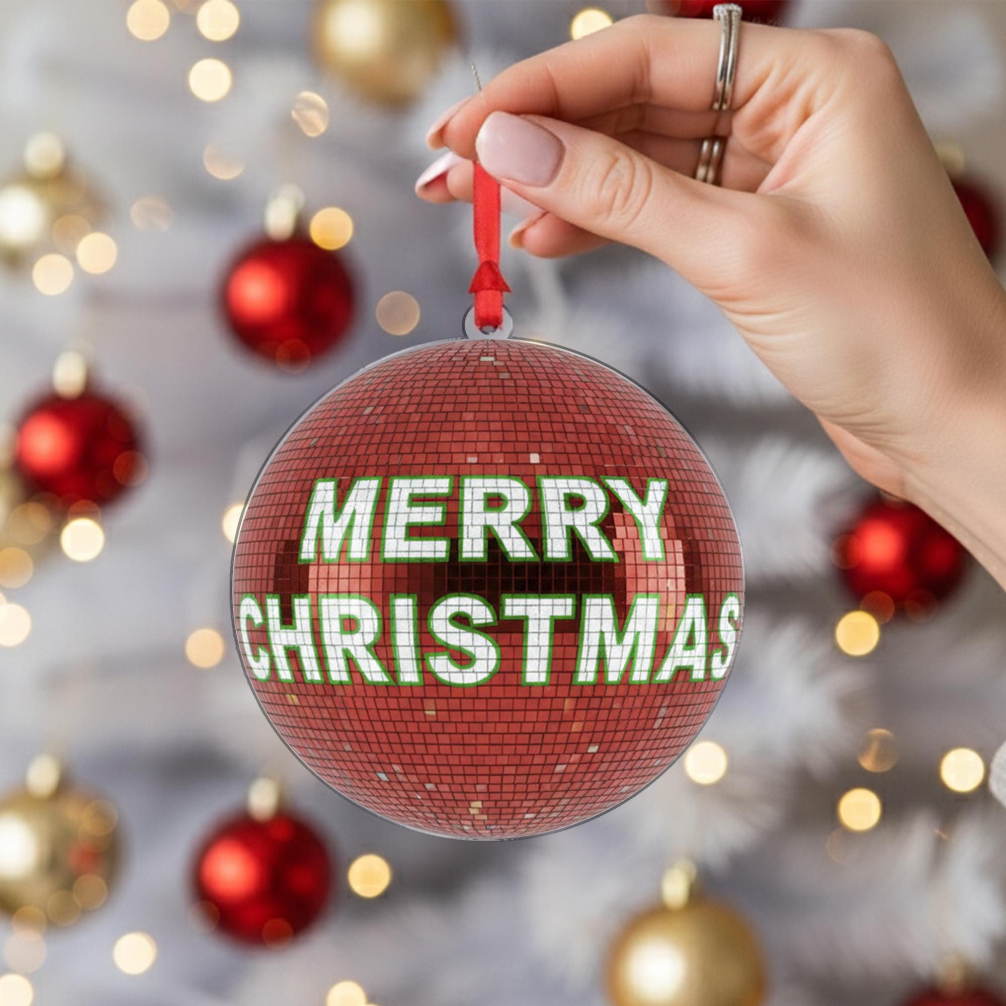 Christmas Ball Ornament – Red Disco Style with Merry Christmas Text Decoration
