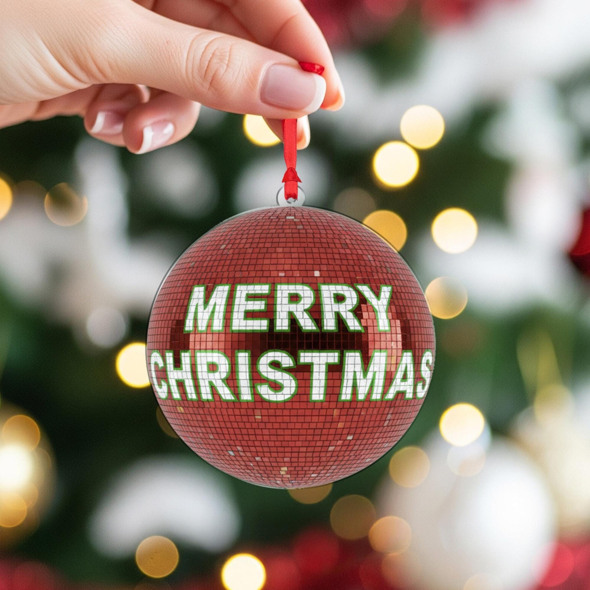 Christmas Ball Ornament – Red Disco Style with Merry Christmas Text Decoration