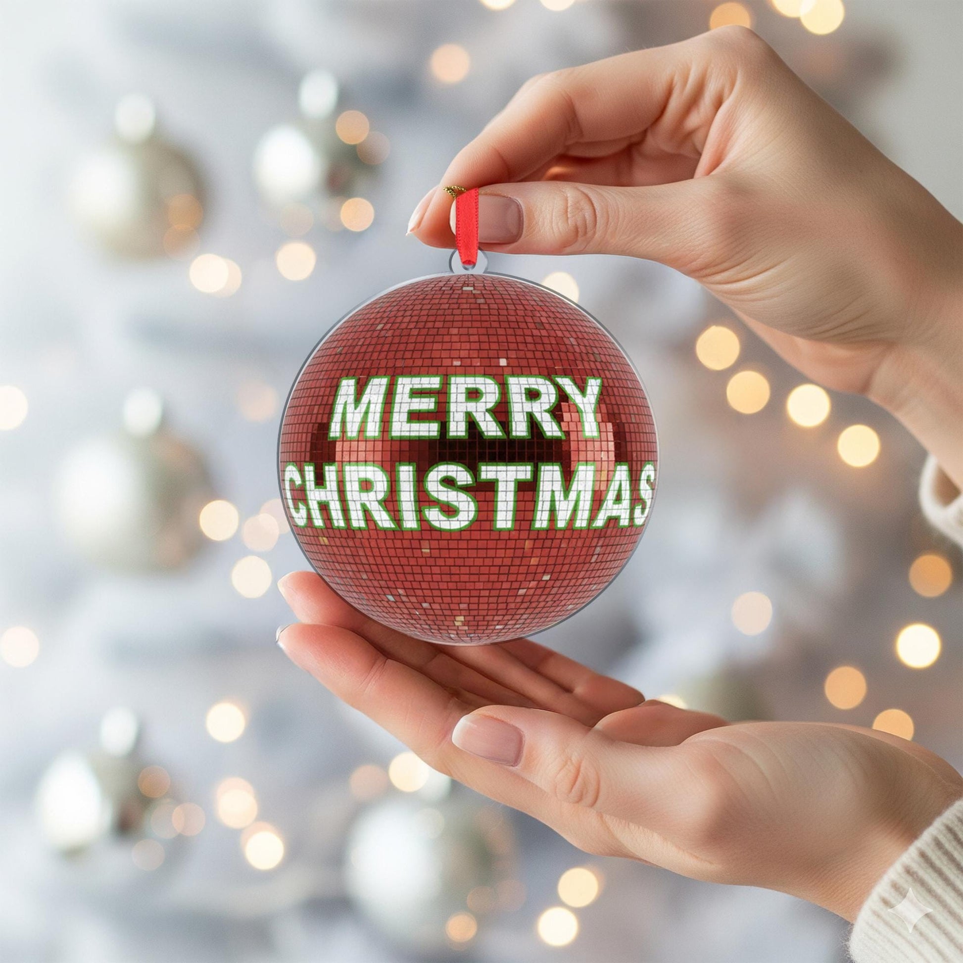 Christmas Ball Ornament – Red Disco Style with Merry Christmas Text Decoration