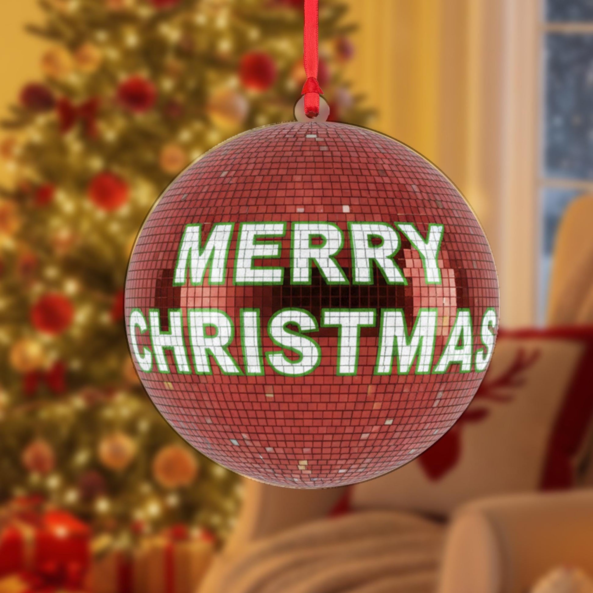 Christmas Ball Ornament – Red Disco Style with Merry Christmas Text Decoration
