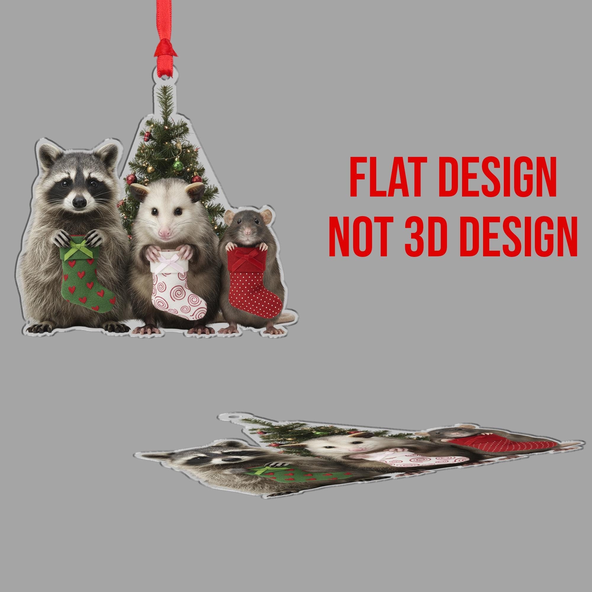 Woodland Animal Christmas Ornament – Raccoon, Opossum, and Rat with Stockings Decoration