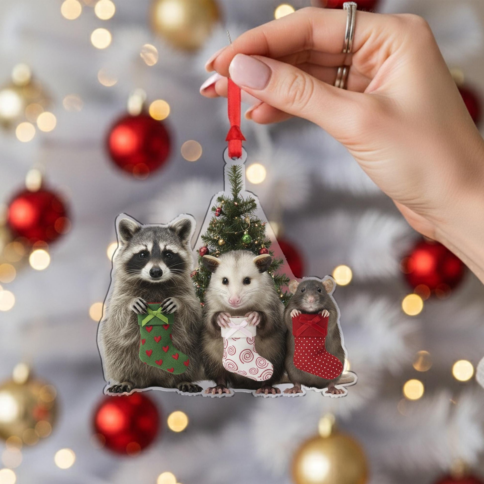 Woodland Animal Christmas Ornament – Raccoon, Opossum, and Rat with Stockings Decoration