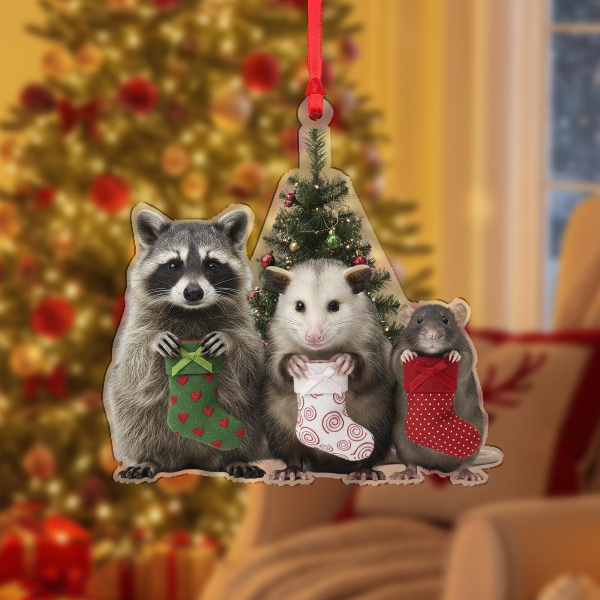 Woodland Animal Christmas Ornament – Raccoon, Opossum, and Rat with Stockings Decoration