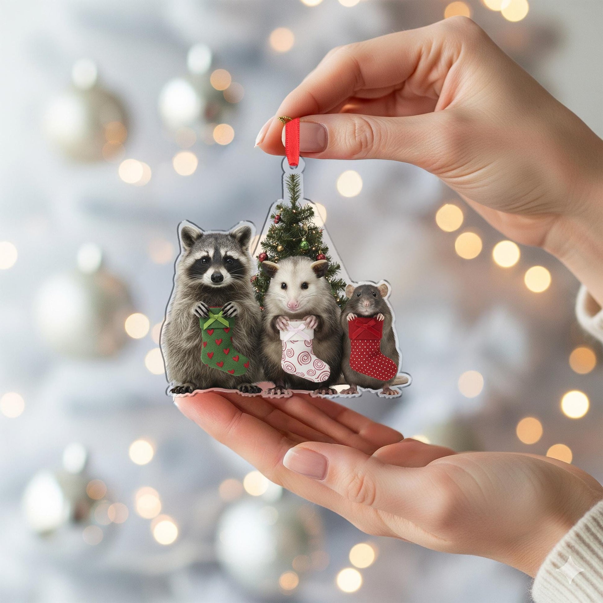 Woodland Animal Christmas Ornament – Raccoon, Opossum, and Rat with Stockings Decoration