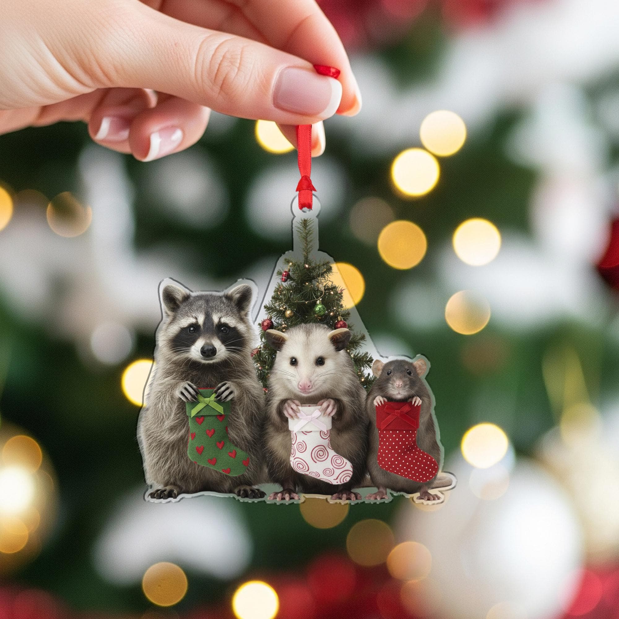 Woodland Animal Christmas Ornament – Raccoon, Opossum, and Rat with Stockings Decoration