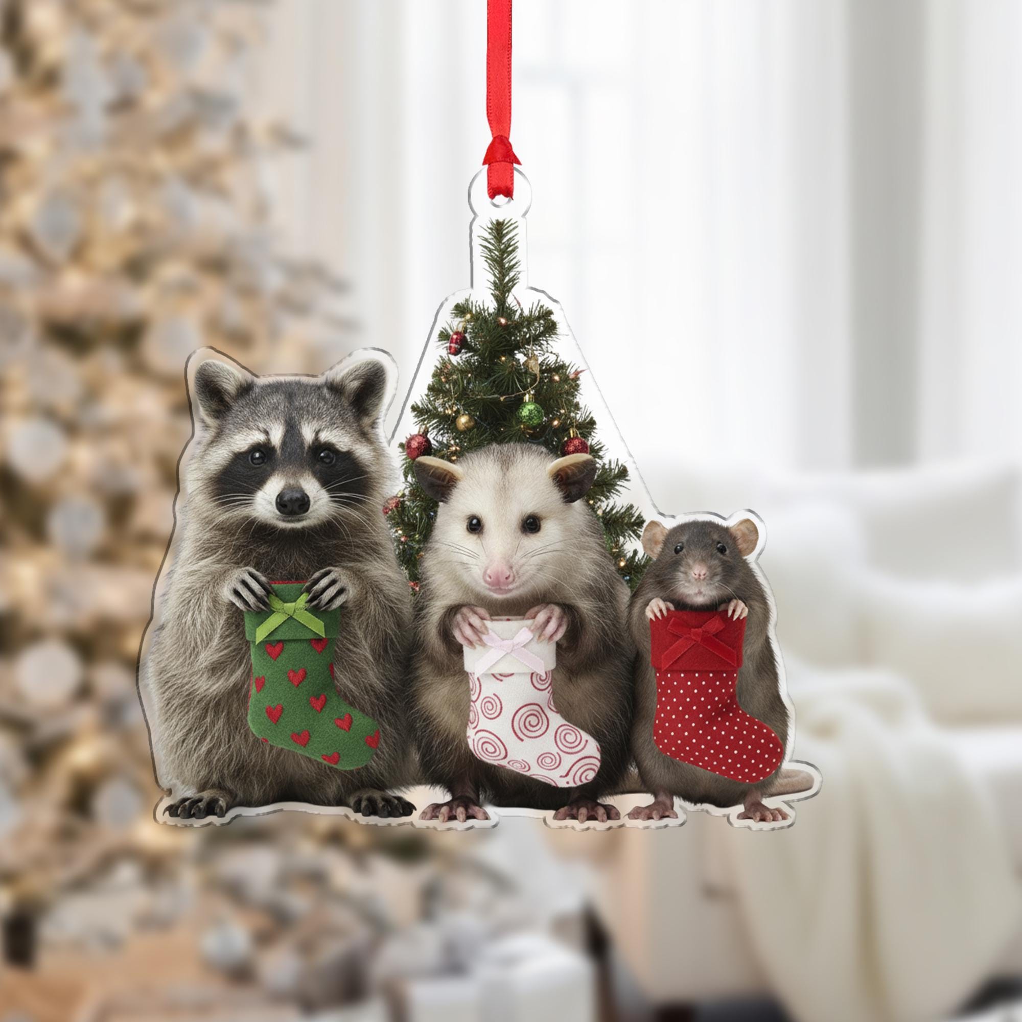 Woodland Animal Christmas Ornament – Raccoon, Opossum, and Rat with Stockings Decoration