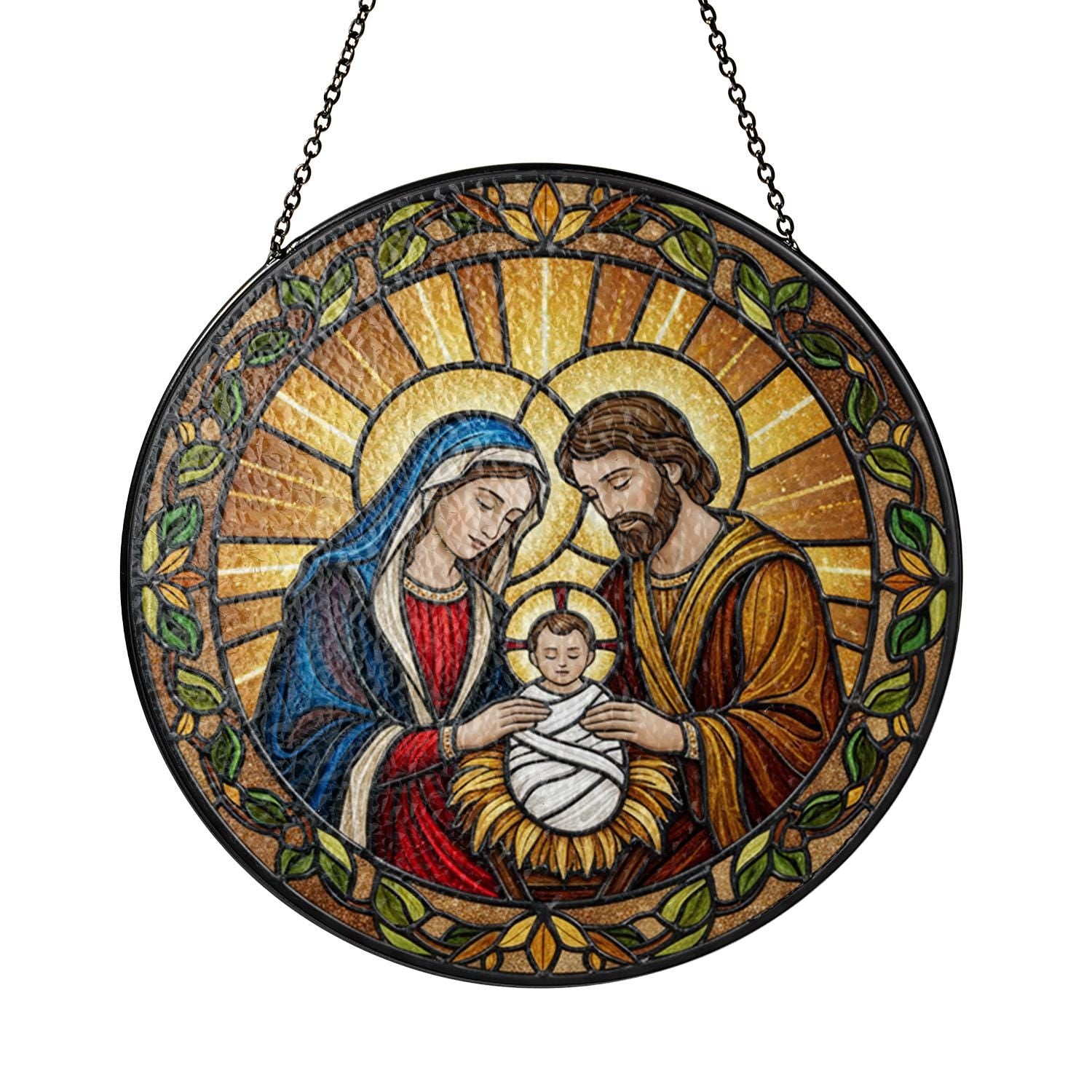 Holy Family Glass Suncatcher – Christian Window Hanging Decoration with Nativity Faux Stained Glass Design