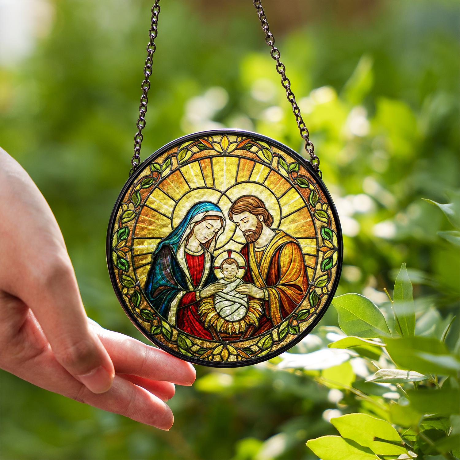 Holy Family Glass Suncatcher – Christian Window Hanging Decoration with Nativity Faux Stained Glass Design