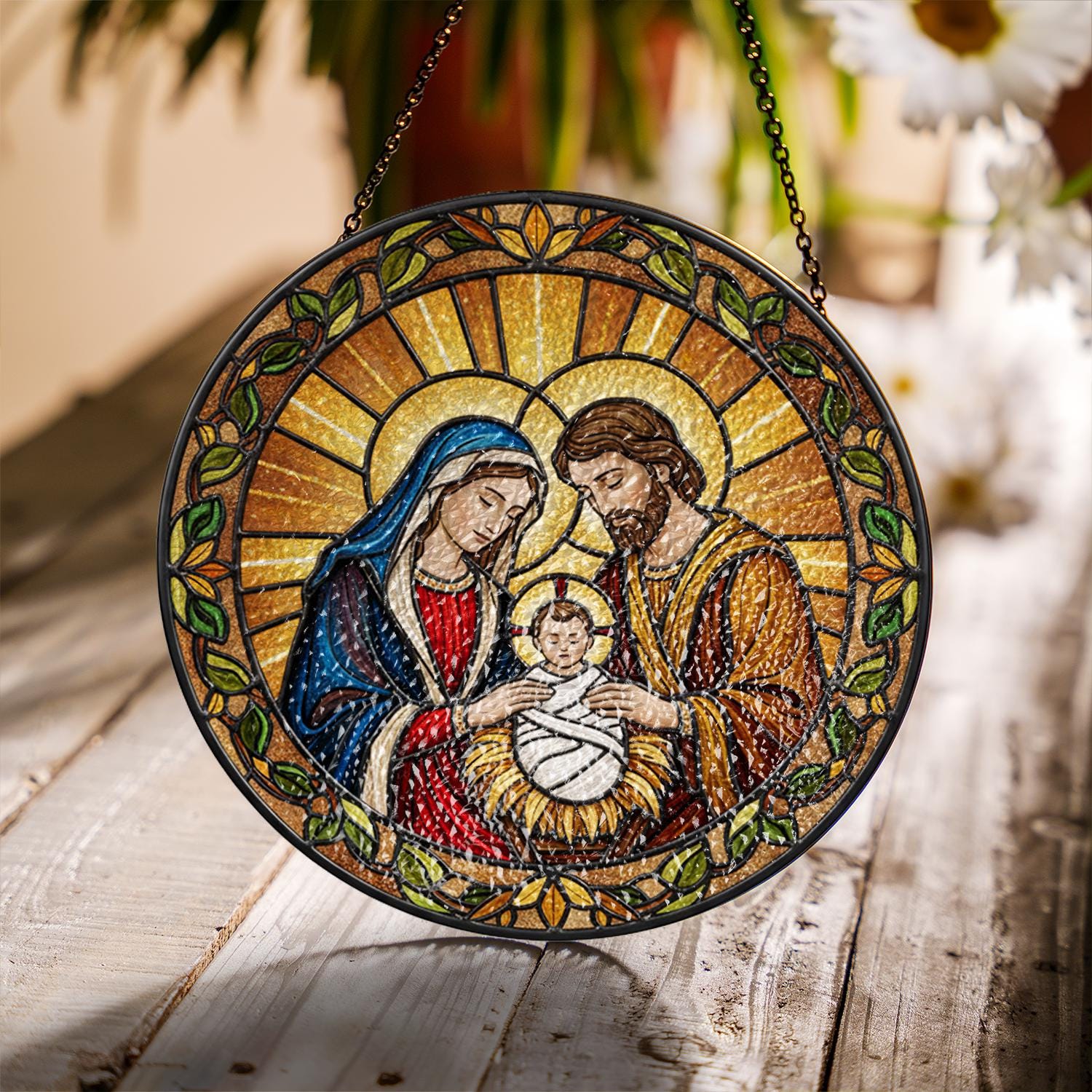 Holy Family Glass Suncatcher – Christian Window Hanging Decoration with Nativity Faux Stained Glass Design