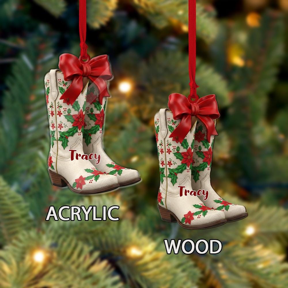 Personalized Cowboy Boot Christmas Ornament with Poinsettia Design and Custom Name