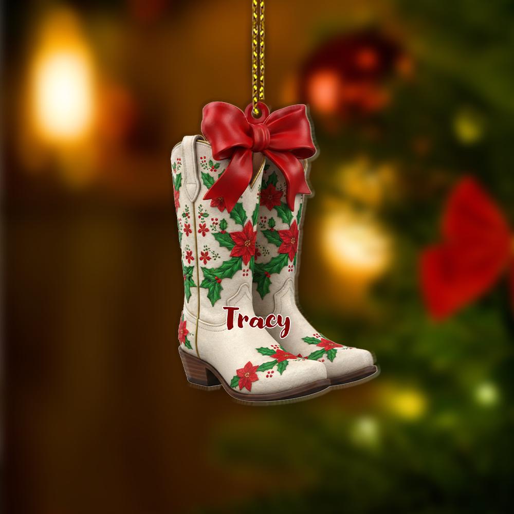 Personalized Cowboy Boot Christmas Ornament with Poinsettia Design and Custom Name