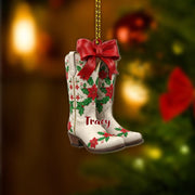 Personalized Cowboy Boot Christmas Ornament with Poinsettia Design and Custom Name