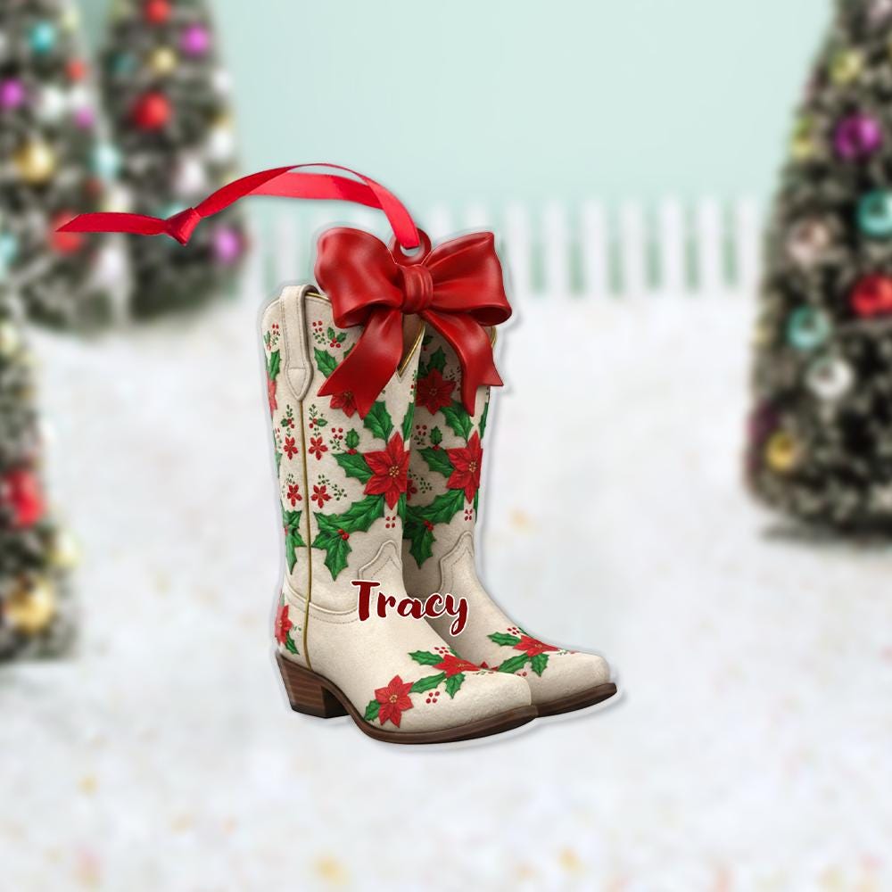 Personalized Cowboy Boot Christmas Ornament with Poinsettia Design and Custom Name