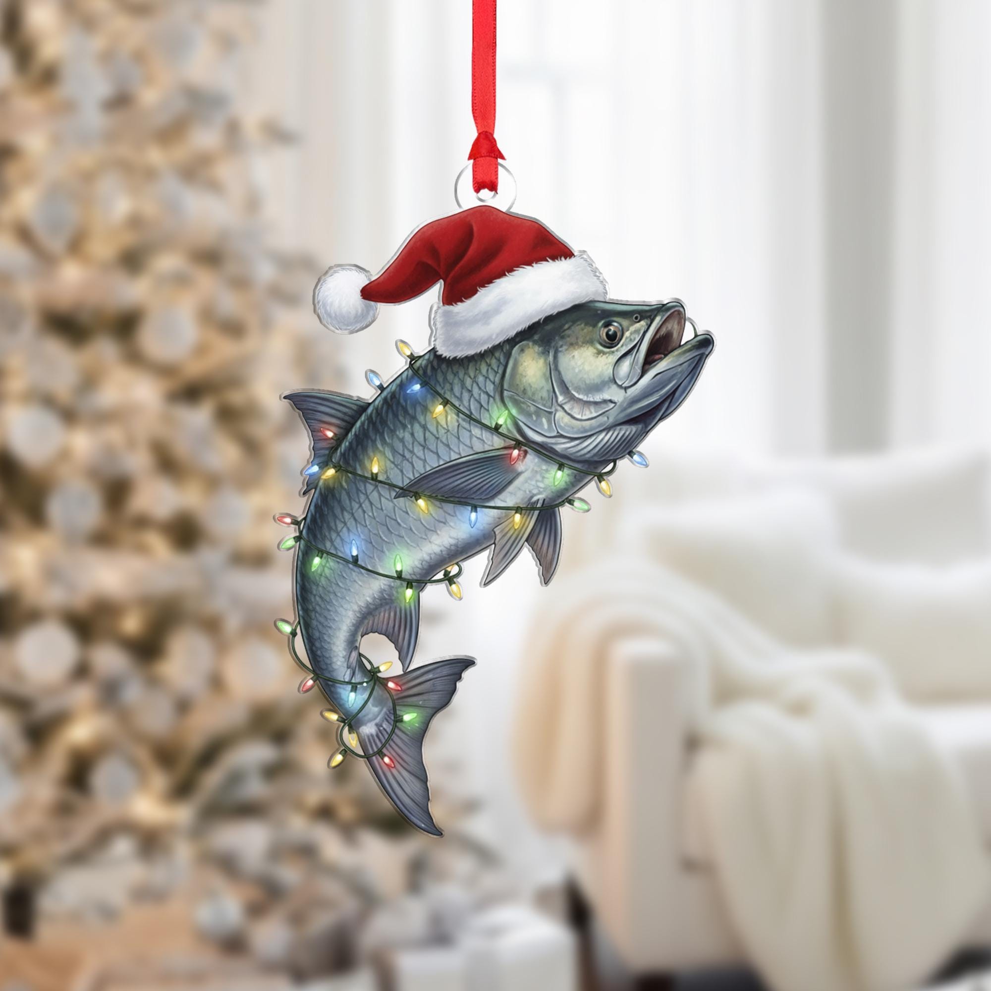 Fish Christmas Ornament – Santa Hat and Holiday Lights Hanging Decoration