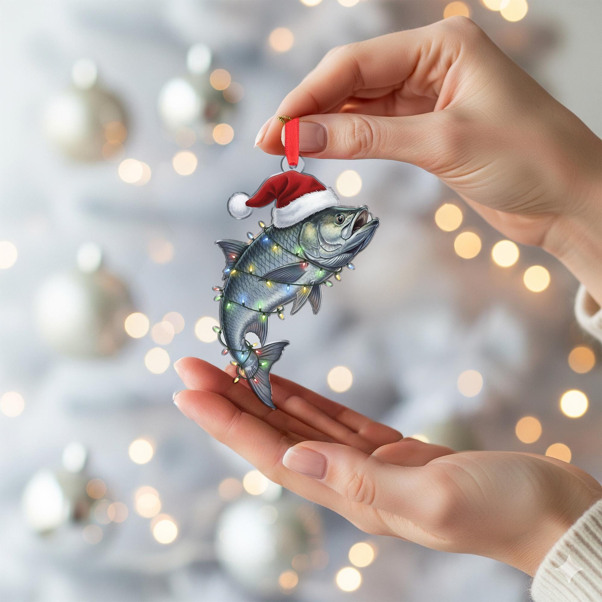 Fish Christmas Ornament – Santa Hat and Holiday Lights Hanging Decoration