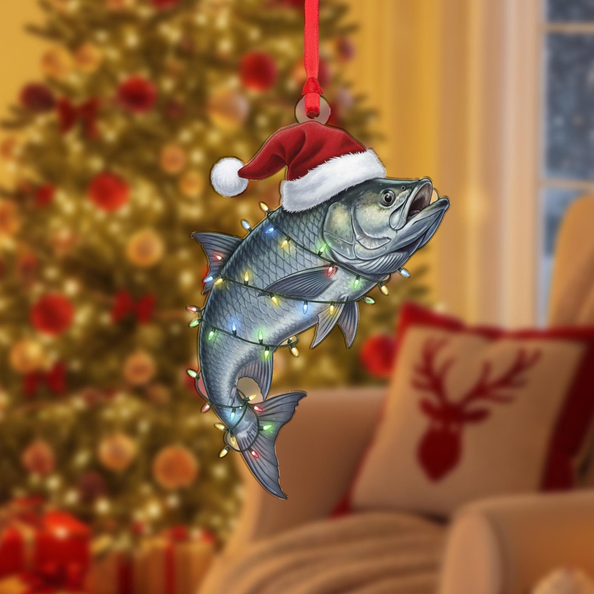 Fish Christmas Ornament – Santa Hat and Holiday Lights Hanging Decoration