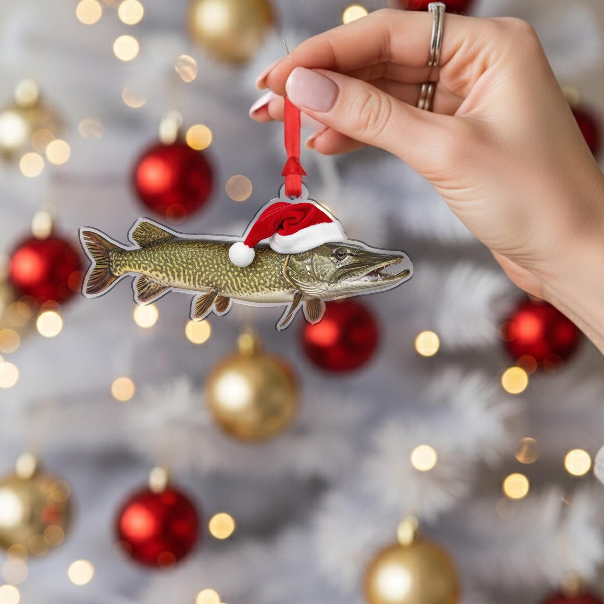 Muskie Fish Christmas Ornament – Santa Hat Holiday Tree Decoration