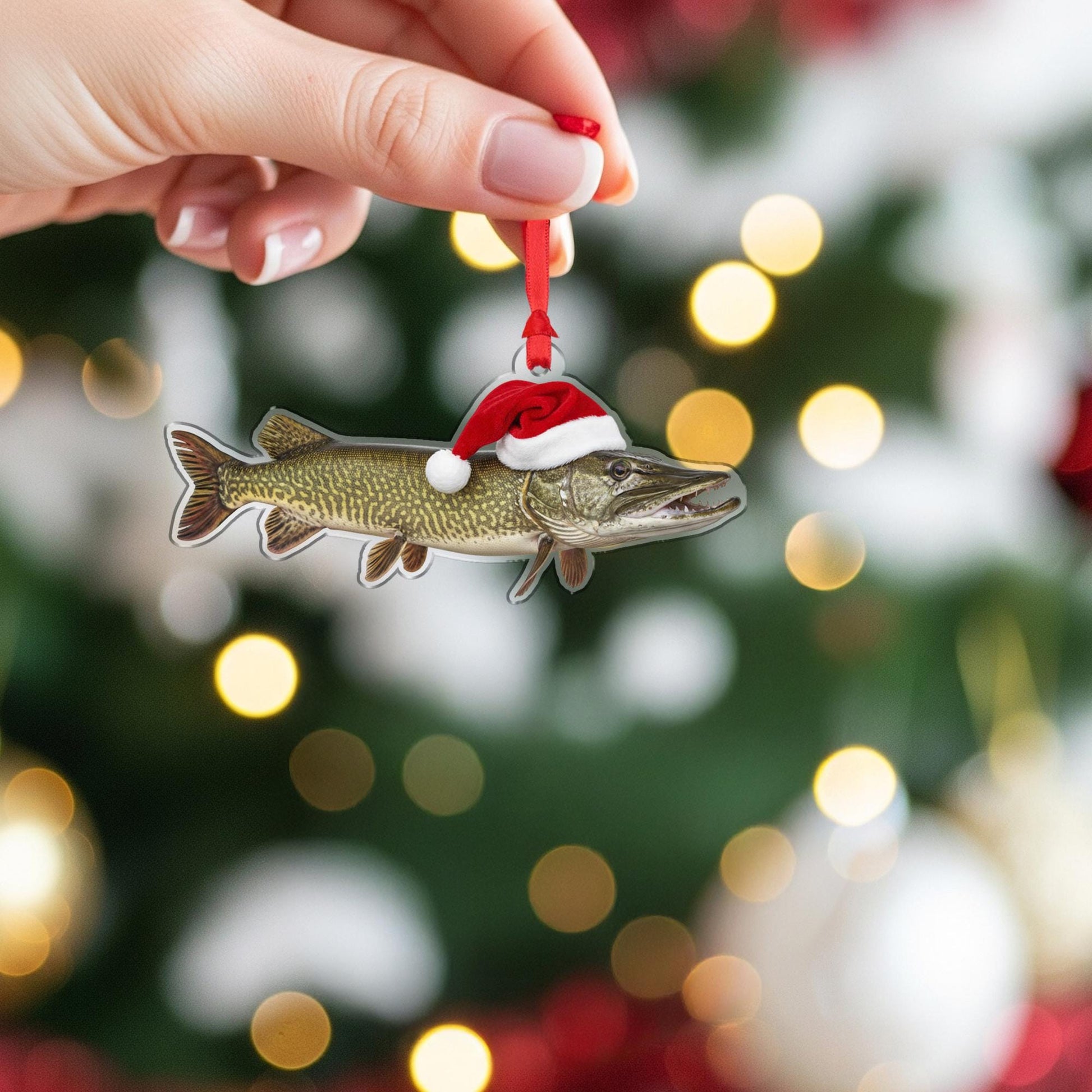 Muskie Fish Christmas Ornament – Santa Hat Holiday Tree Decoration