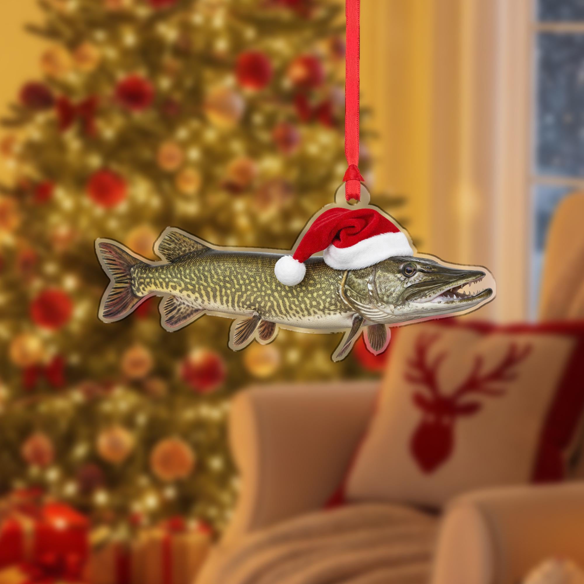 Muskie Fish Christmas Ornament – Santa Hat Holiday Tree Decoration
