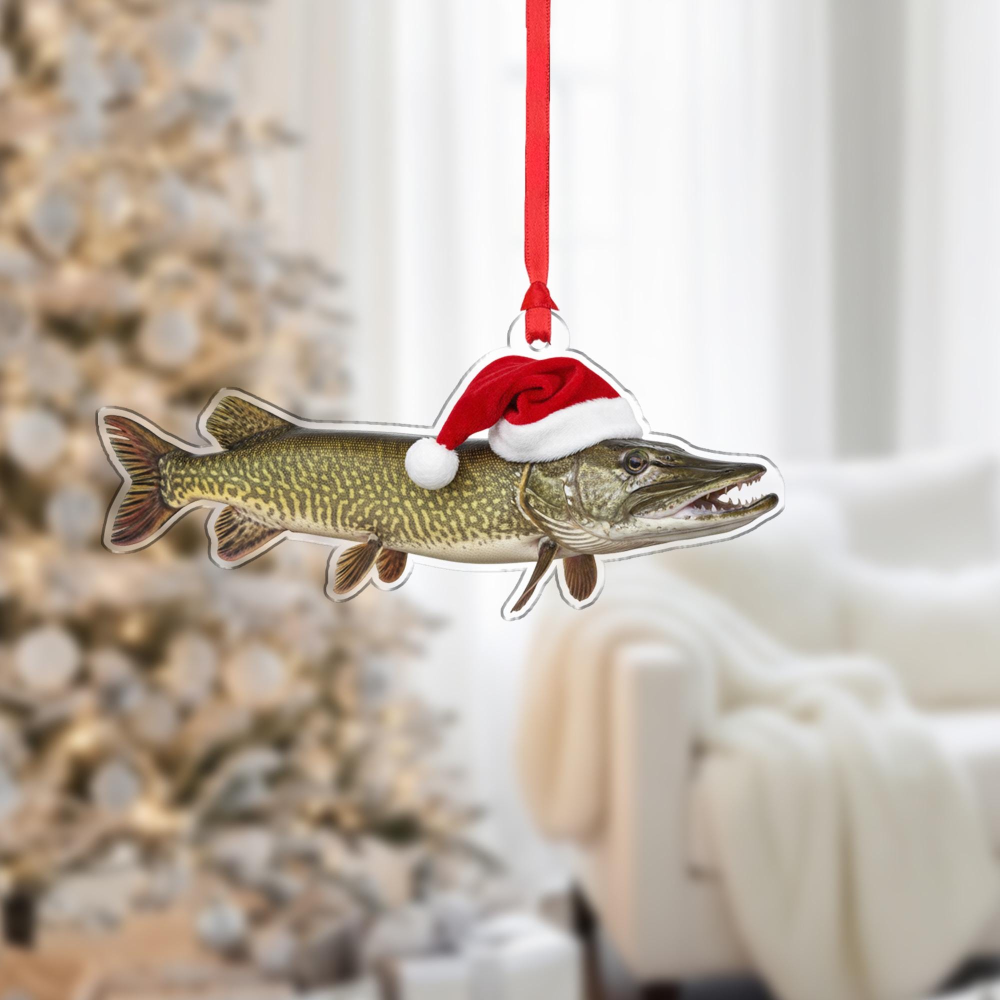 Muskie Fish Christmas Ornament – Santa Hat Holiday Tree Decoration