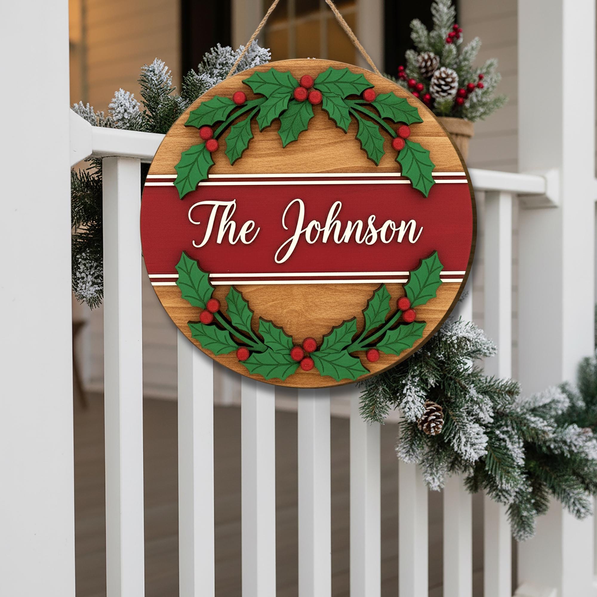 Personalized Family Christmas Holly Tree Wooden Sign – Holiday Door Decor