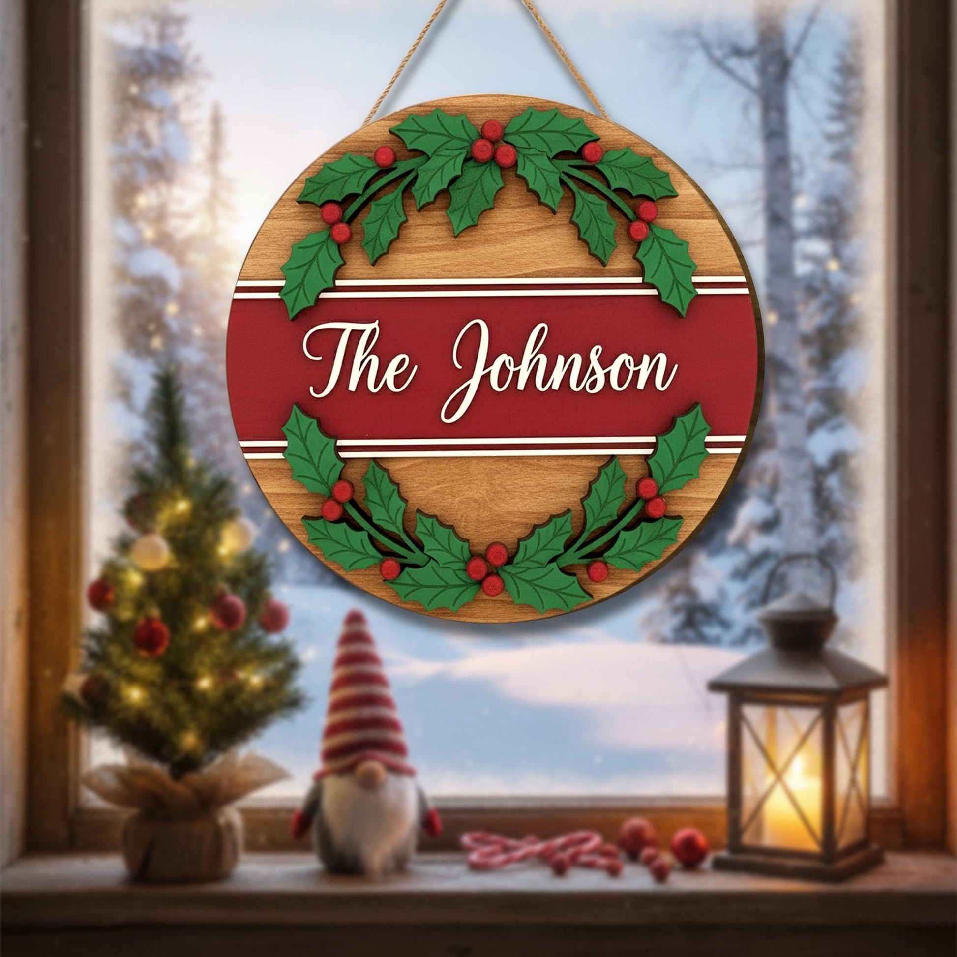 Personalized Family Christmas Holly Tree Wooden Sign – Holiday Door Decor