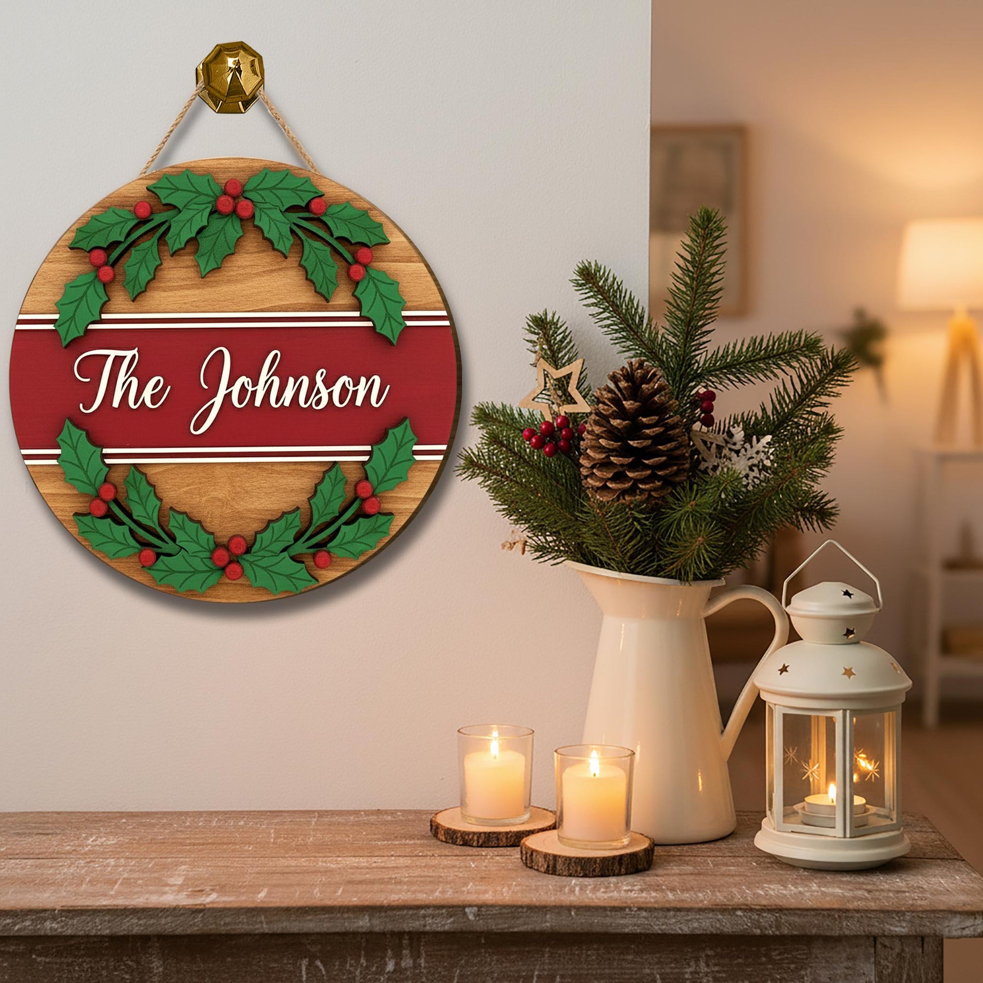 Personalized Family Christmas Holly Tree Wooden Sign – Holiday Door Decor